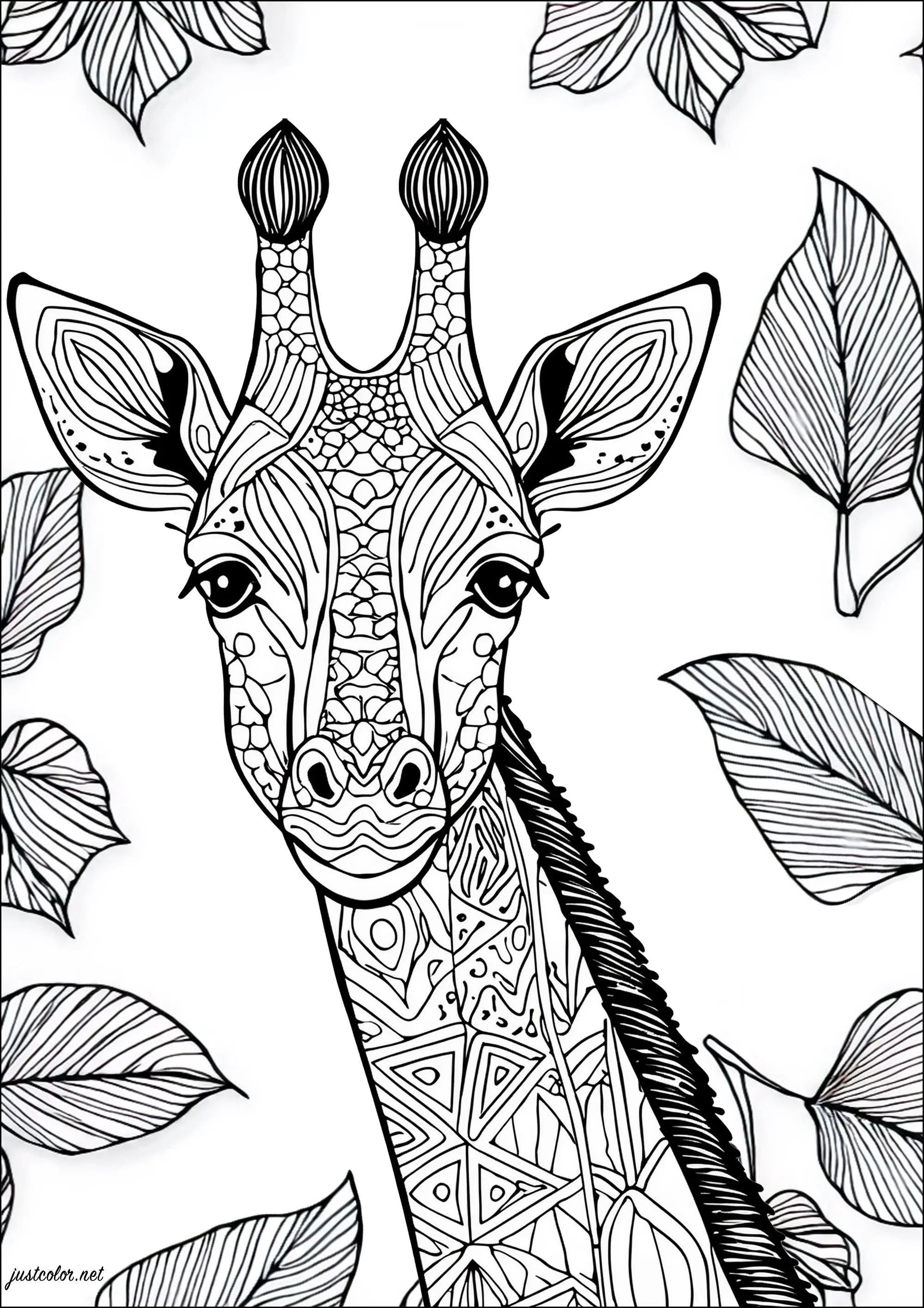 Belle Girafe avec fond composé de feuilles (Coloriage à imprimer pour adultes)