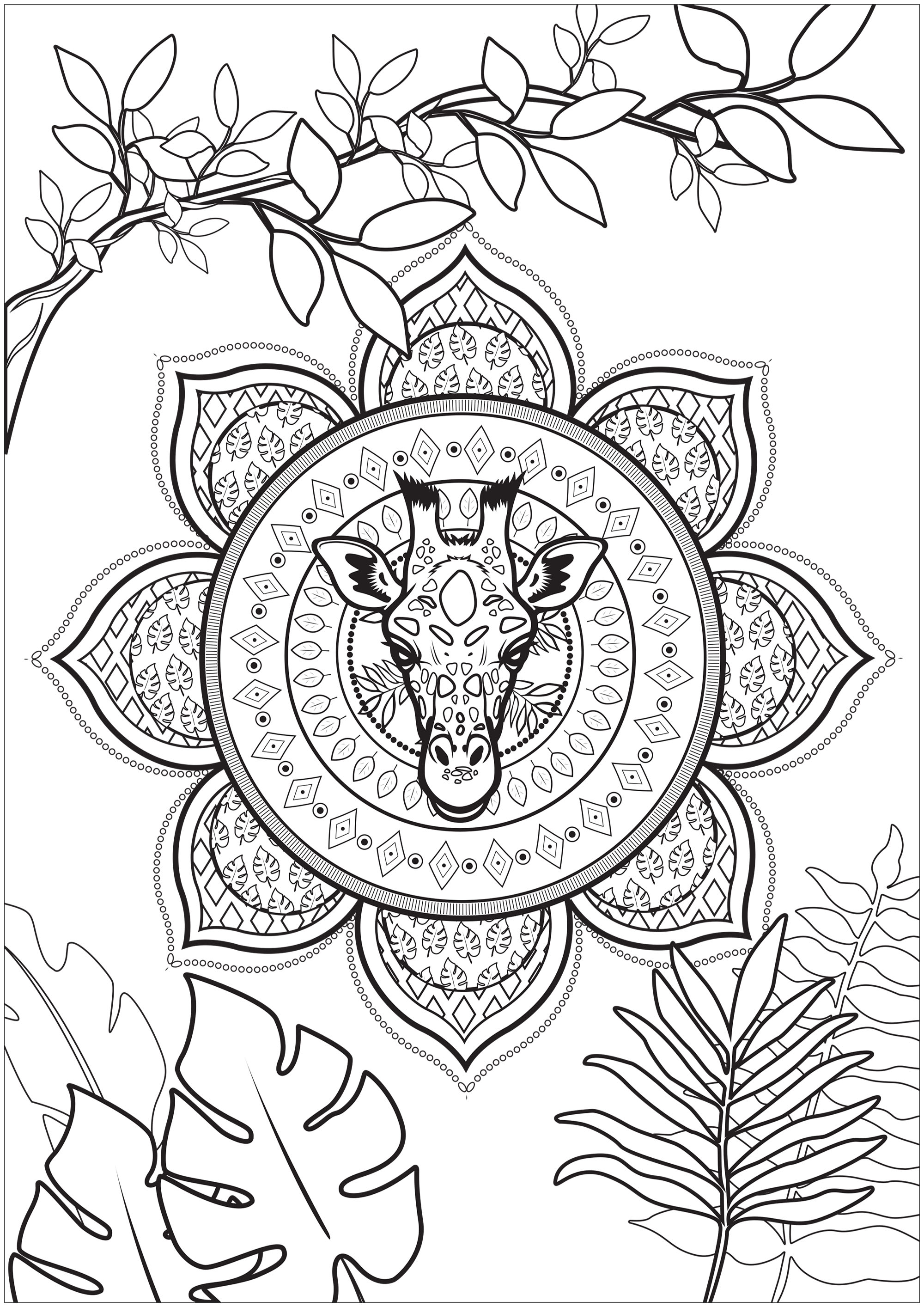 Coloriage d'une tête de girafe intégrée dans un mandala tropical avec de jolies branches et feuilles à colorier, Artiste : Lea