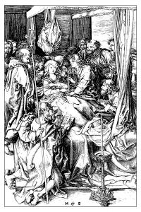 Coloriage de à imprimer pour adultes : Gravure-martin-schongauer-la-mort-de-la-vierge-vers-1470