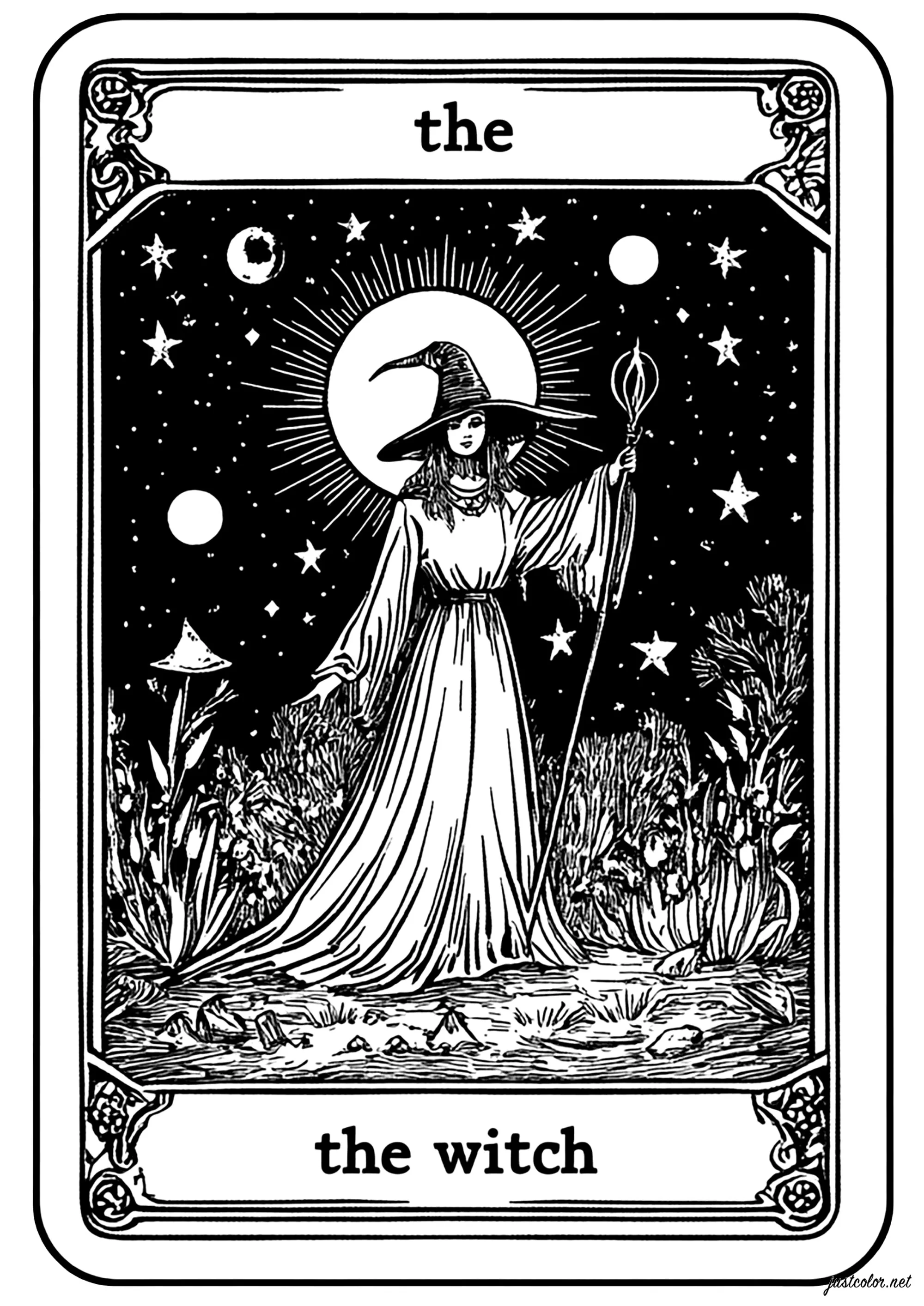 Mystique sorcière sous la lune (Coloriage d'Halloween à imprimer pour adultes)