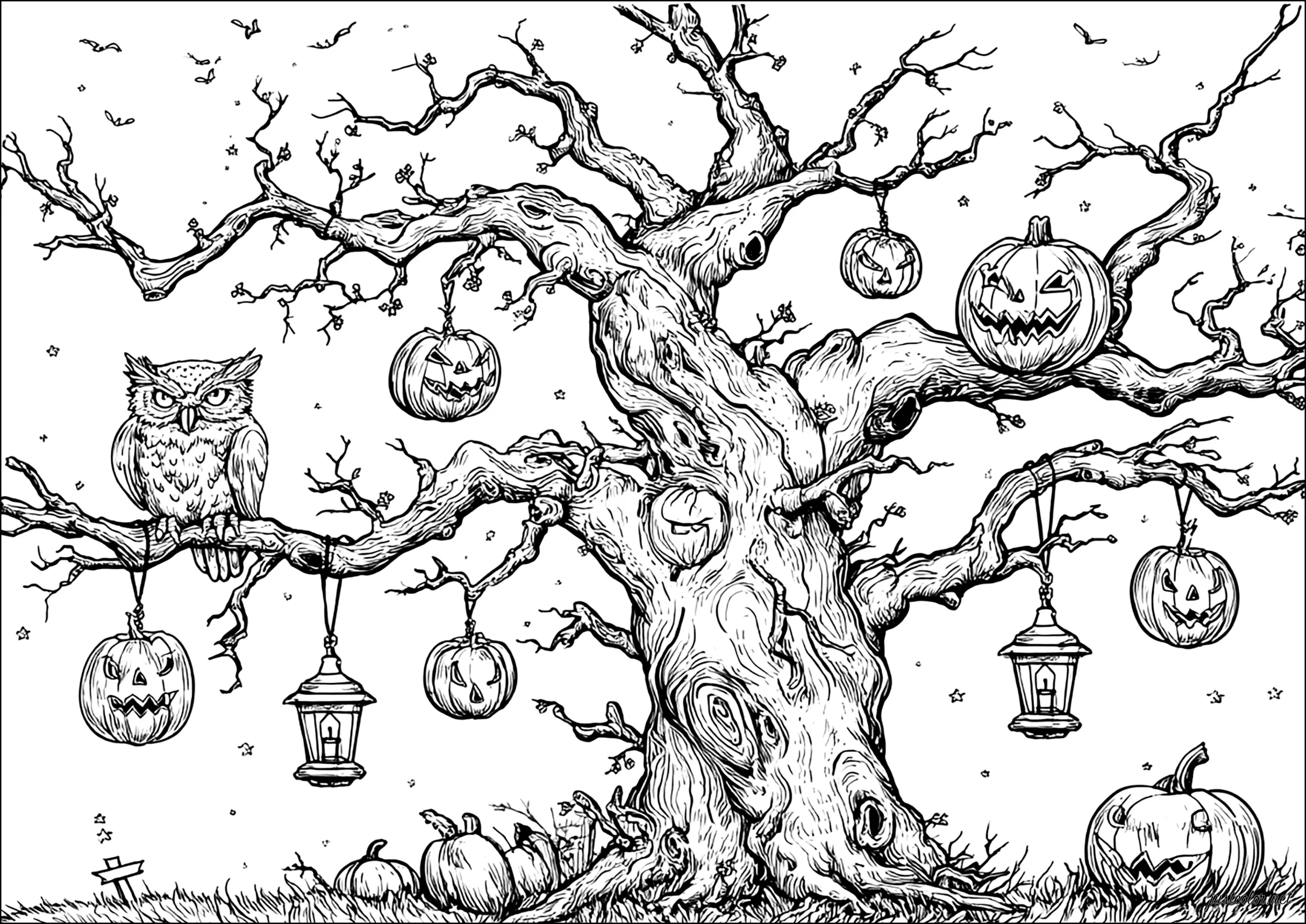 Sérénade nocturne sous l'arbre hanté (Coloriage d'Halloween à imprimer pour adultes)