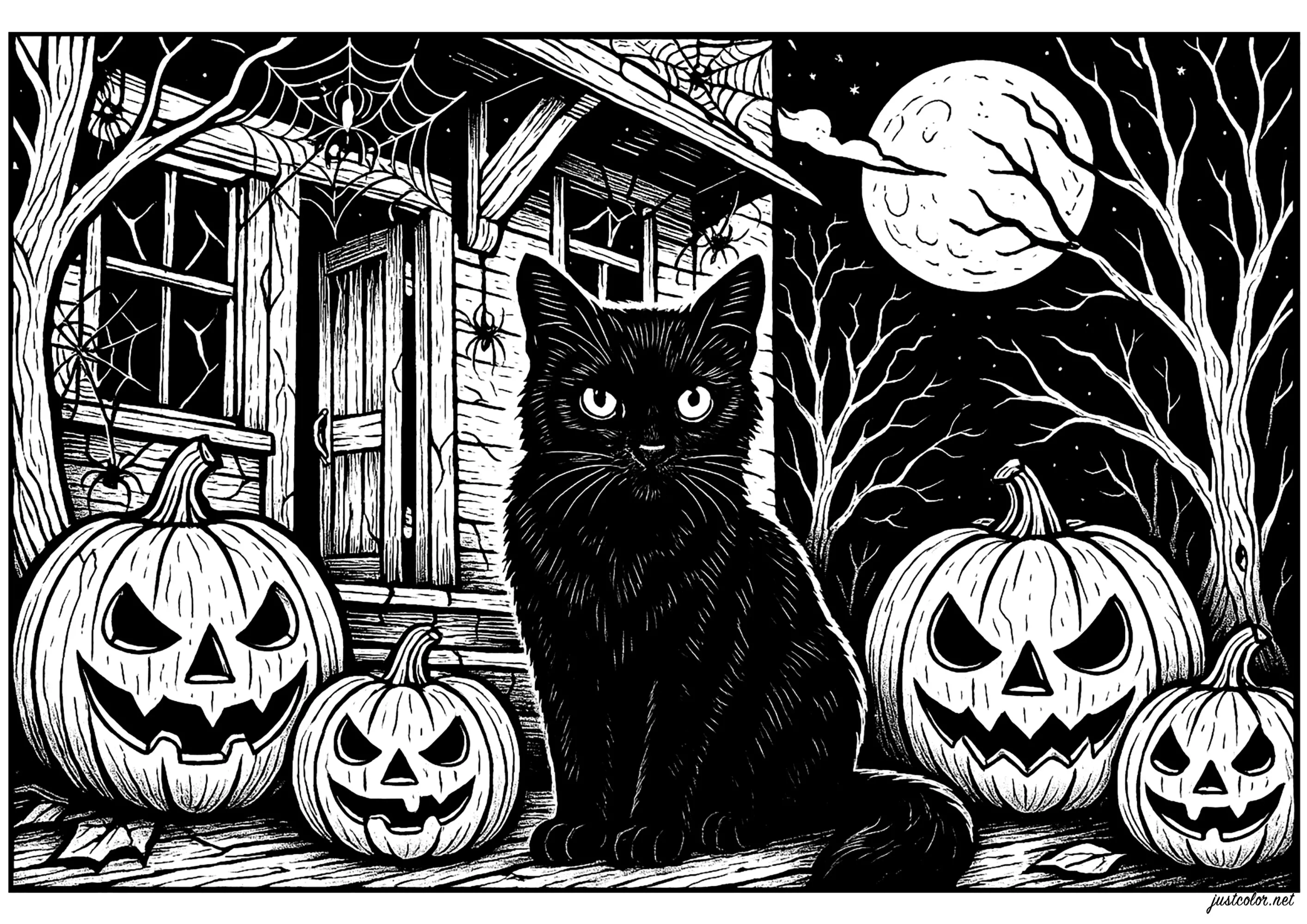 Chat devant une maison hantée (Coloriage d'Halloween à imprimer pour adultes)