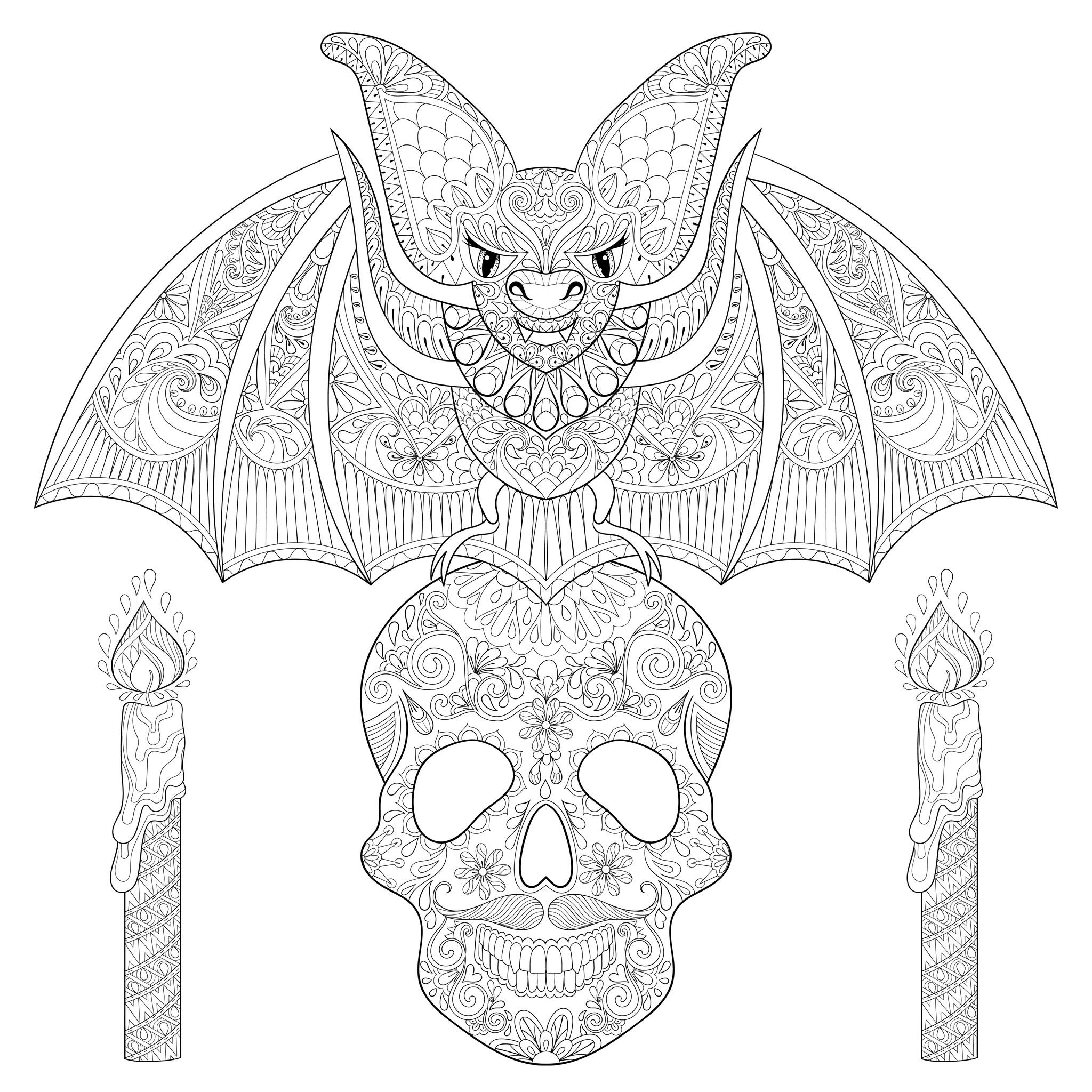Belle chauve-souris sur un crâne de squelette, avec des bougies. Chaque élément est plein de motifs maléfiques.