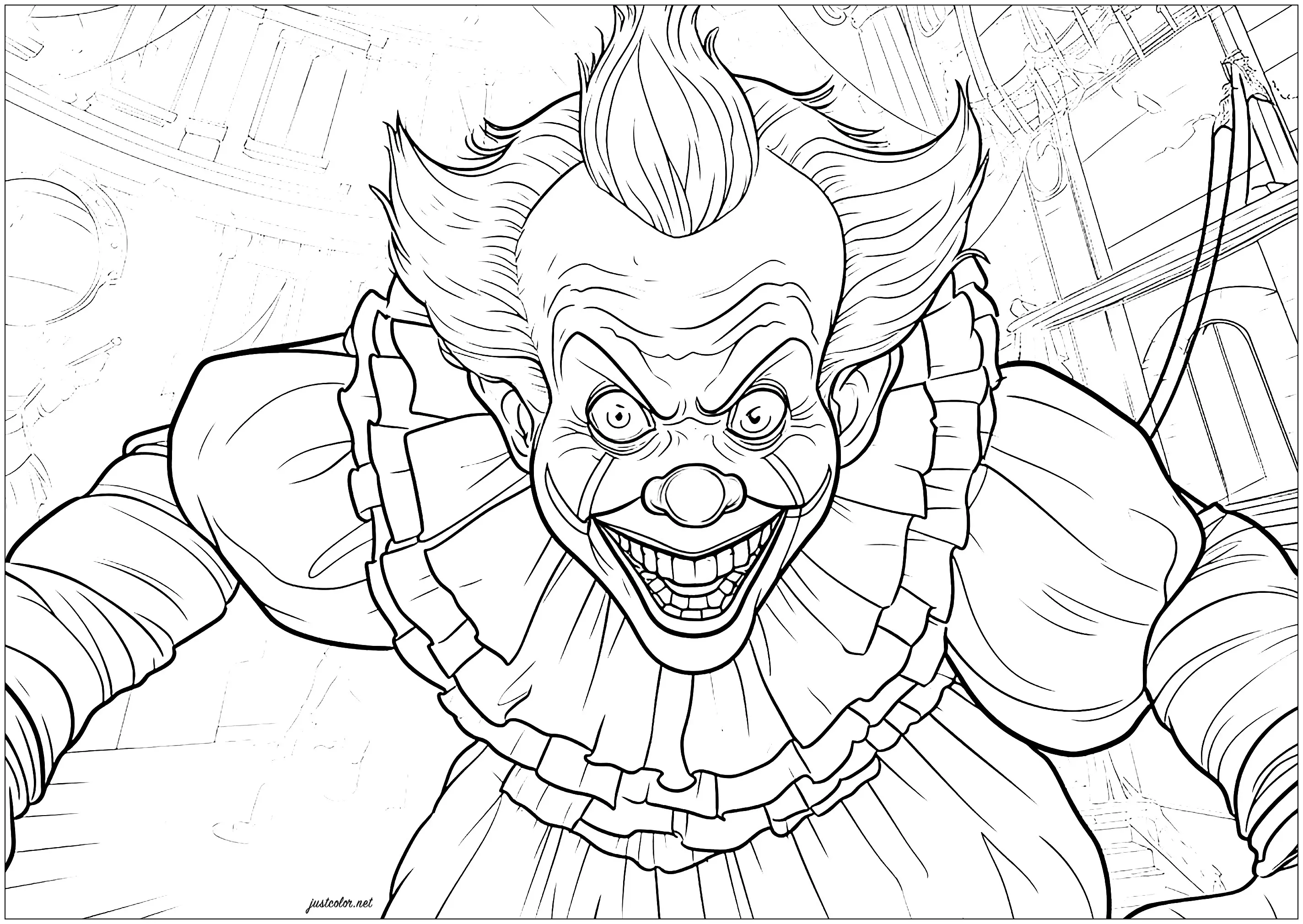 Clown effrayant qui ne vous veut pas du bien ... (Coloriage d'Halloween à imprimer pour adultes)