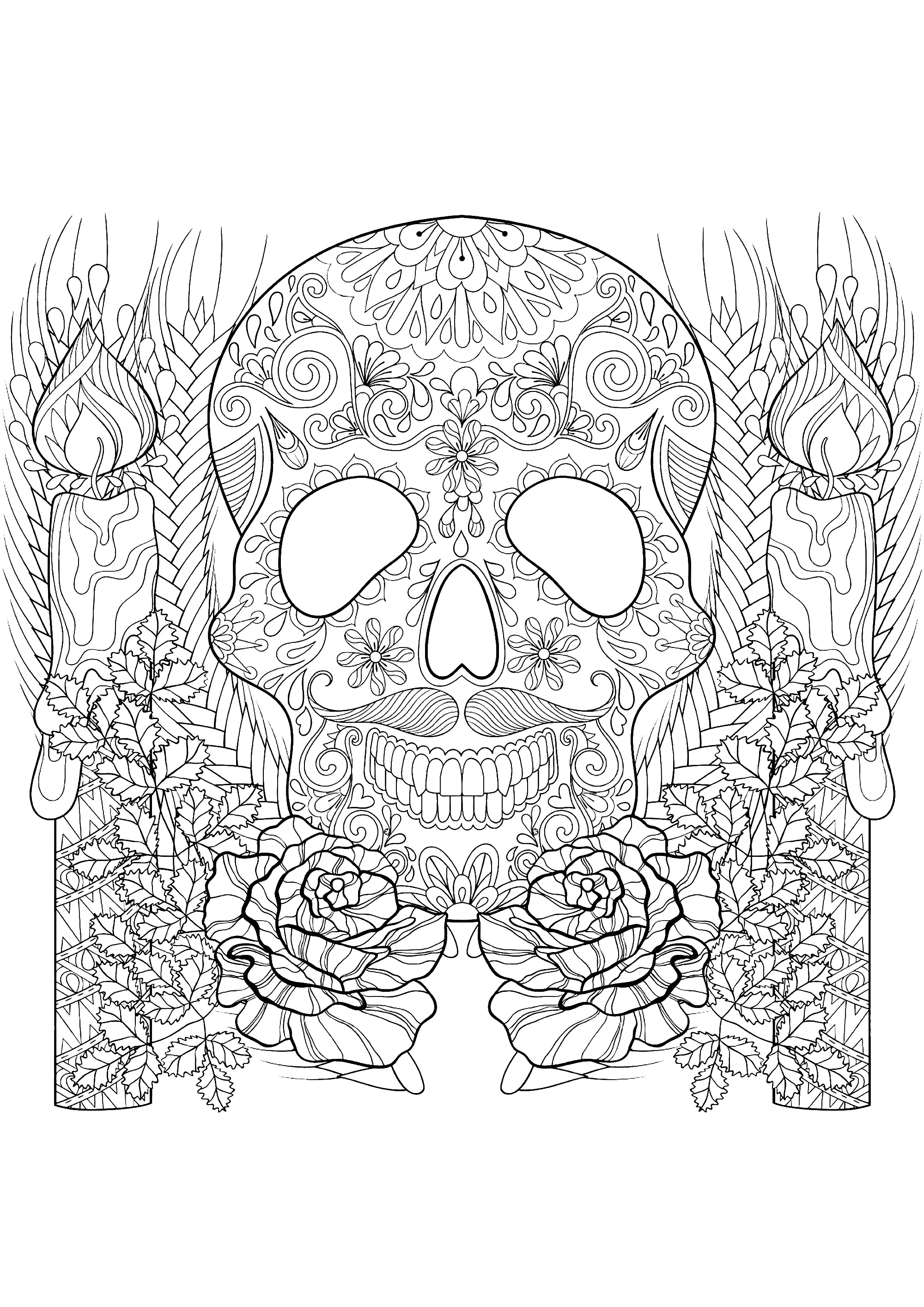 Crâne et bougies (Coloriage d'Halloween à imprimer pour adultes)