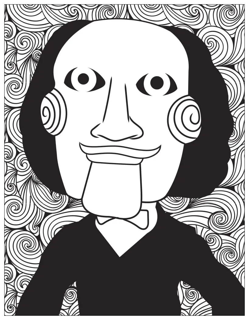 Film horreur jigsaw billy the puppet (Coloriage d'Halloween à imprimer pour adultes)