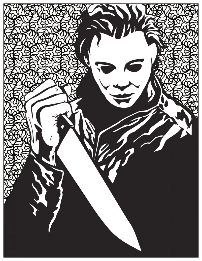 Film horreur michael myers (Coloriage d'Halloween à imprimer pour adultes)