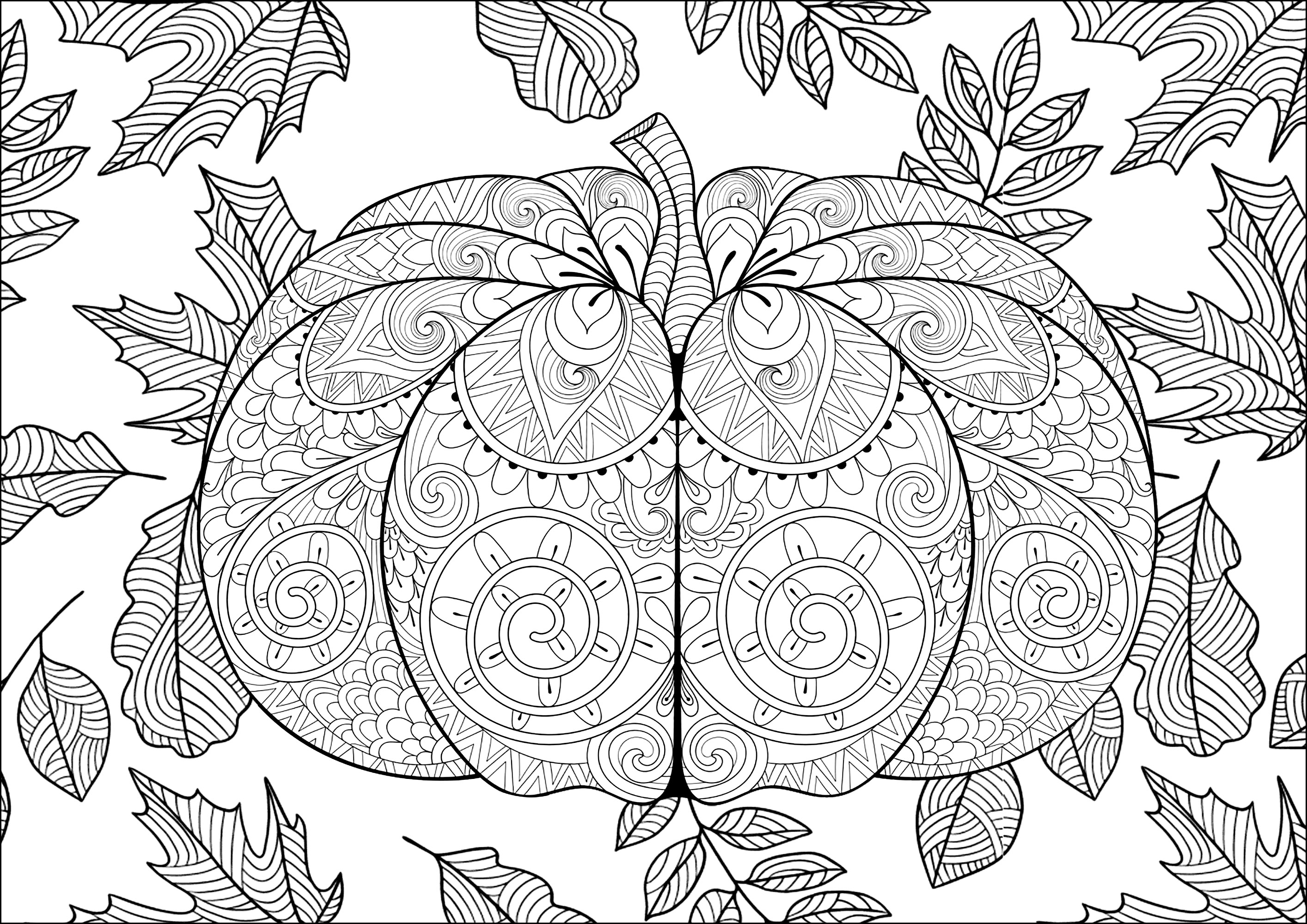 Coloriage de : Grosse citrouille d'Halloween avec motifs et fond composé de feuilles Coloriage de à imprimer pour adultes : Grosse citrouille d'Halloween avec motifs et fond composé de feuilles