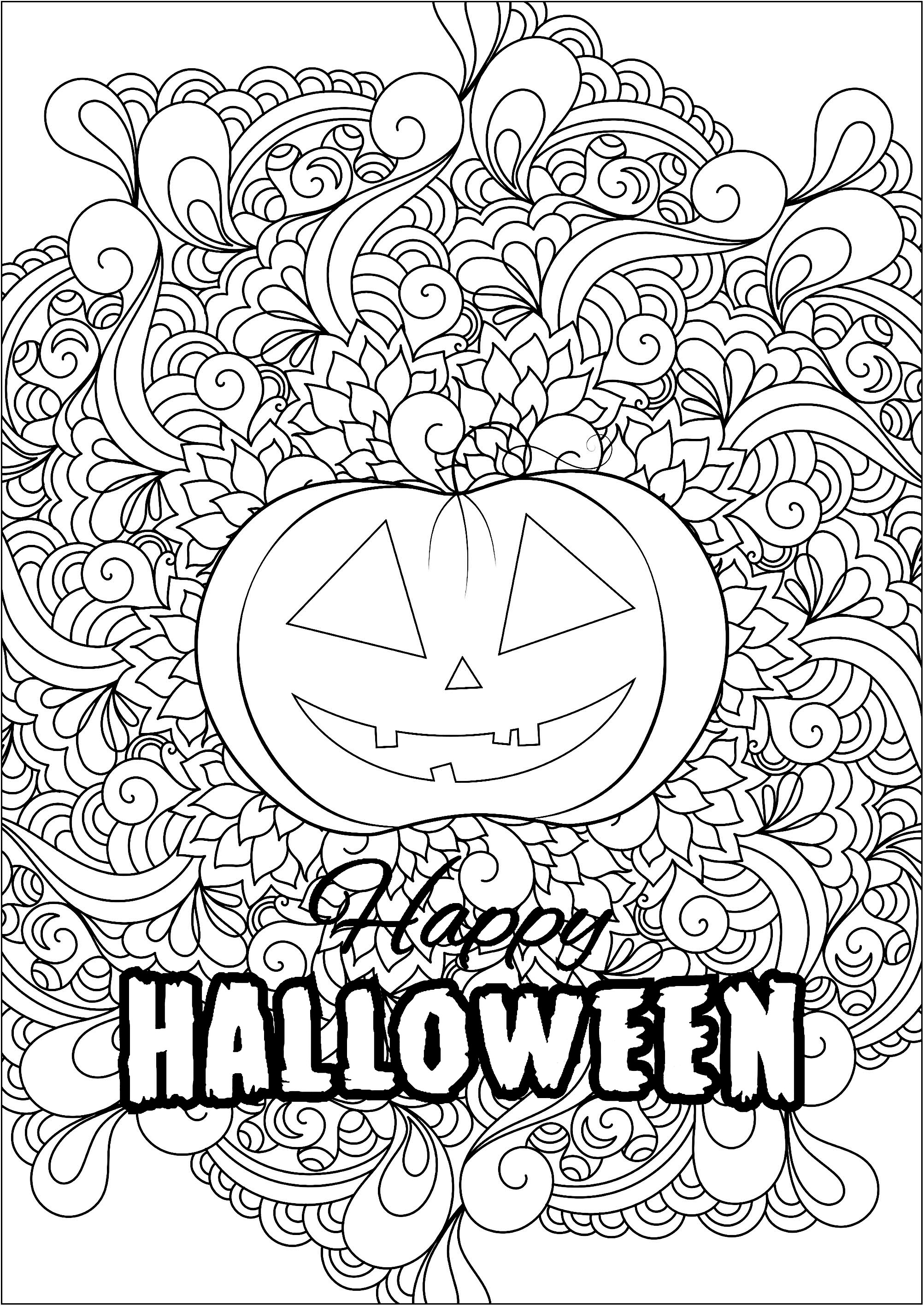 Jolie citrouille d'Halloween avec motifs et texte. Coloriez cette jolie citrouille d'Halloween avec arrière-plan composé de motifs et texte 'Happy Halloween'