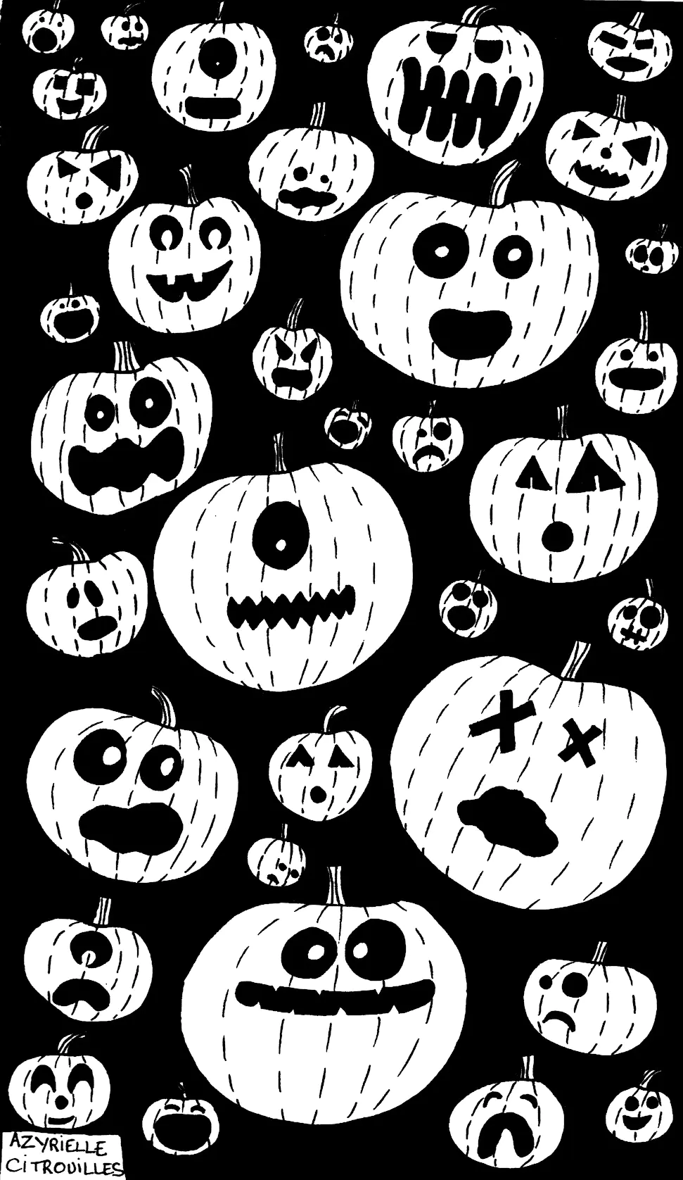 Citrouilles d'Halloween sur fond noir (Coloriage à imprimer pour adultes)