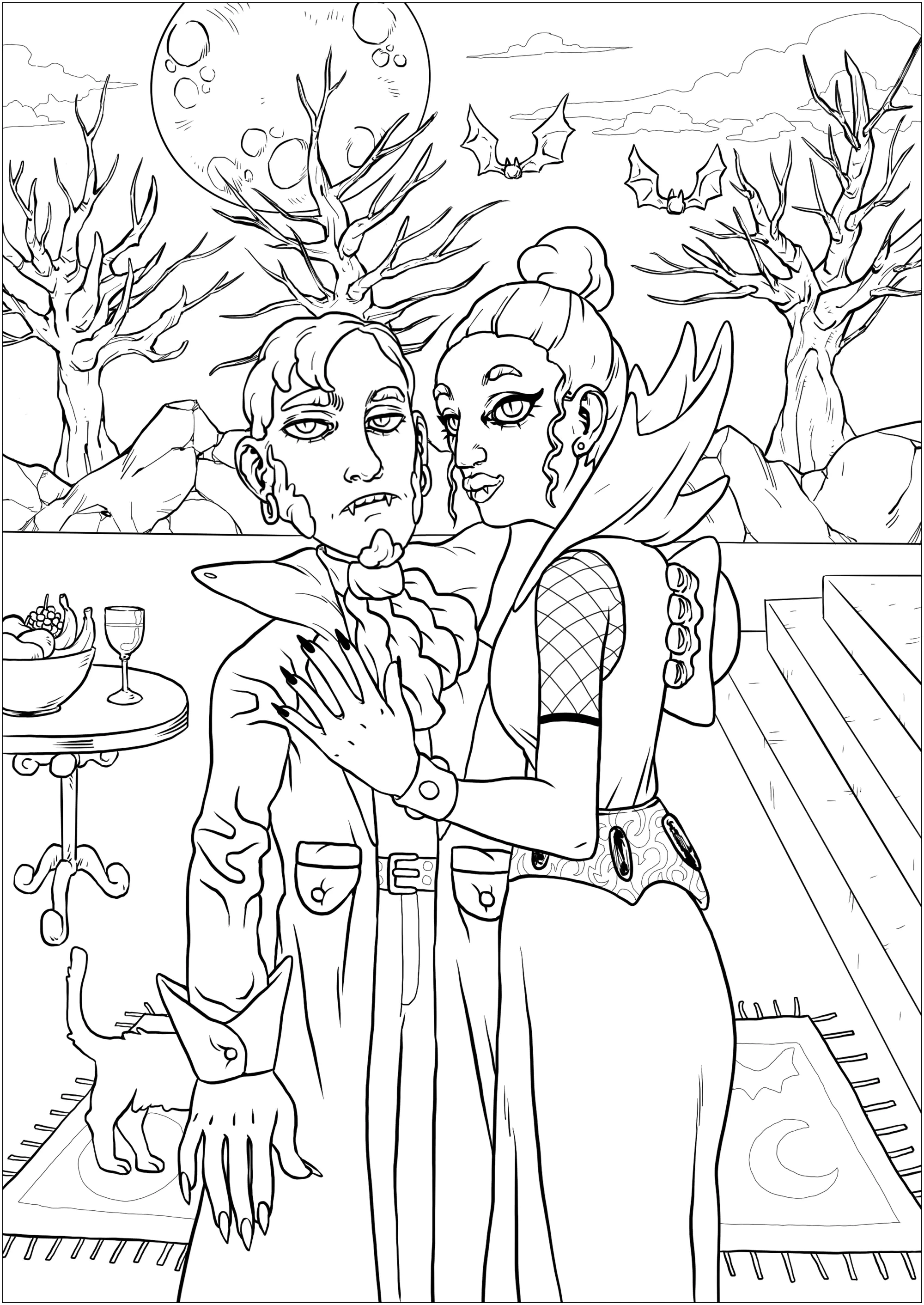 Couple de vampires - version complète (Coloriage d'Halloween à imprimer pour adultes)