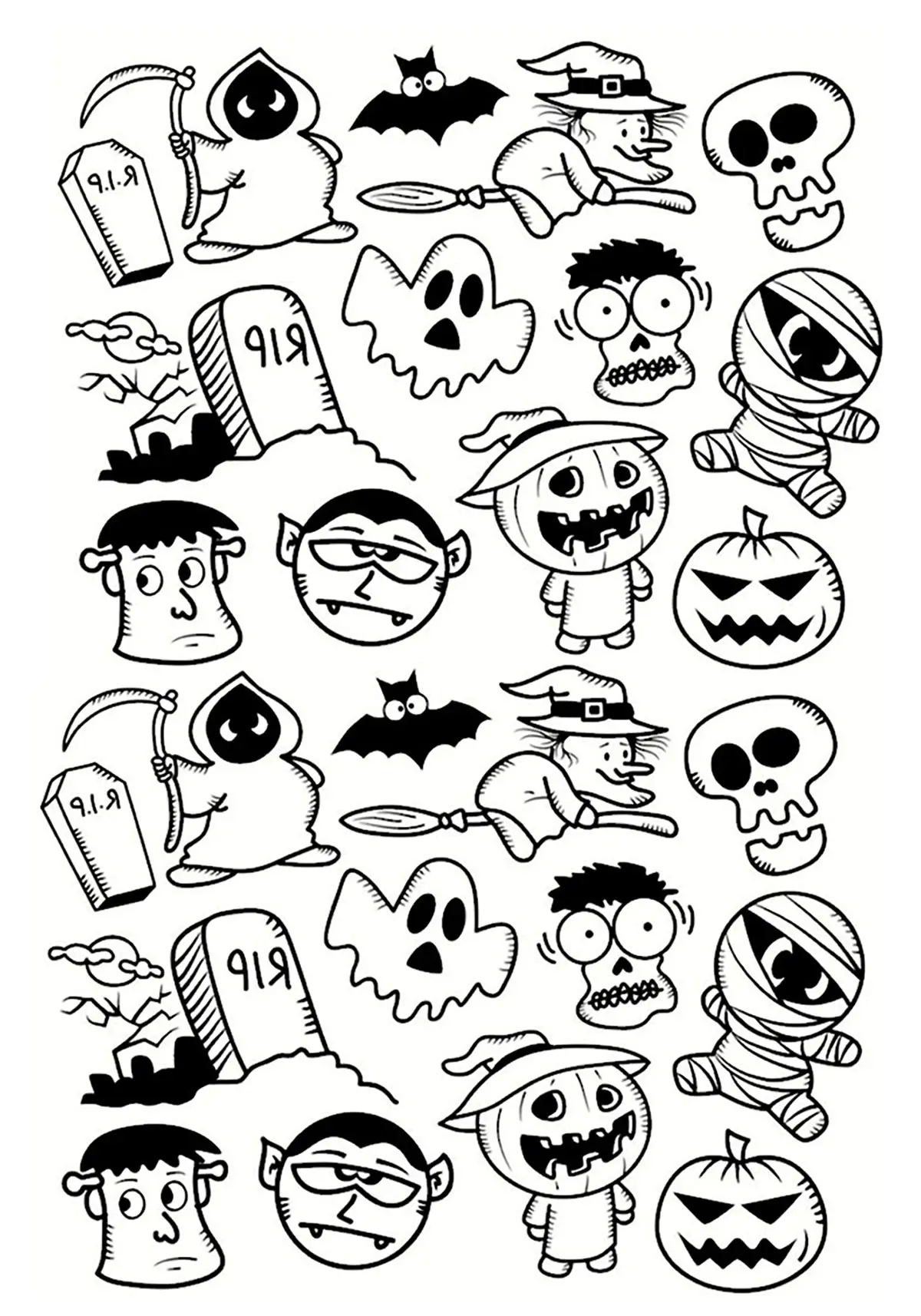 Petits personnages d'Halloween (Coloriage à imprimer pour adultes)