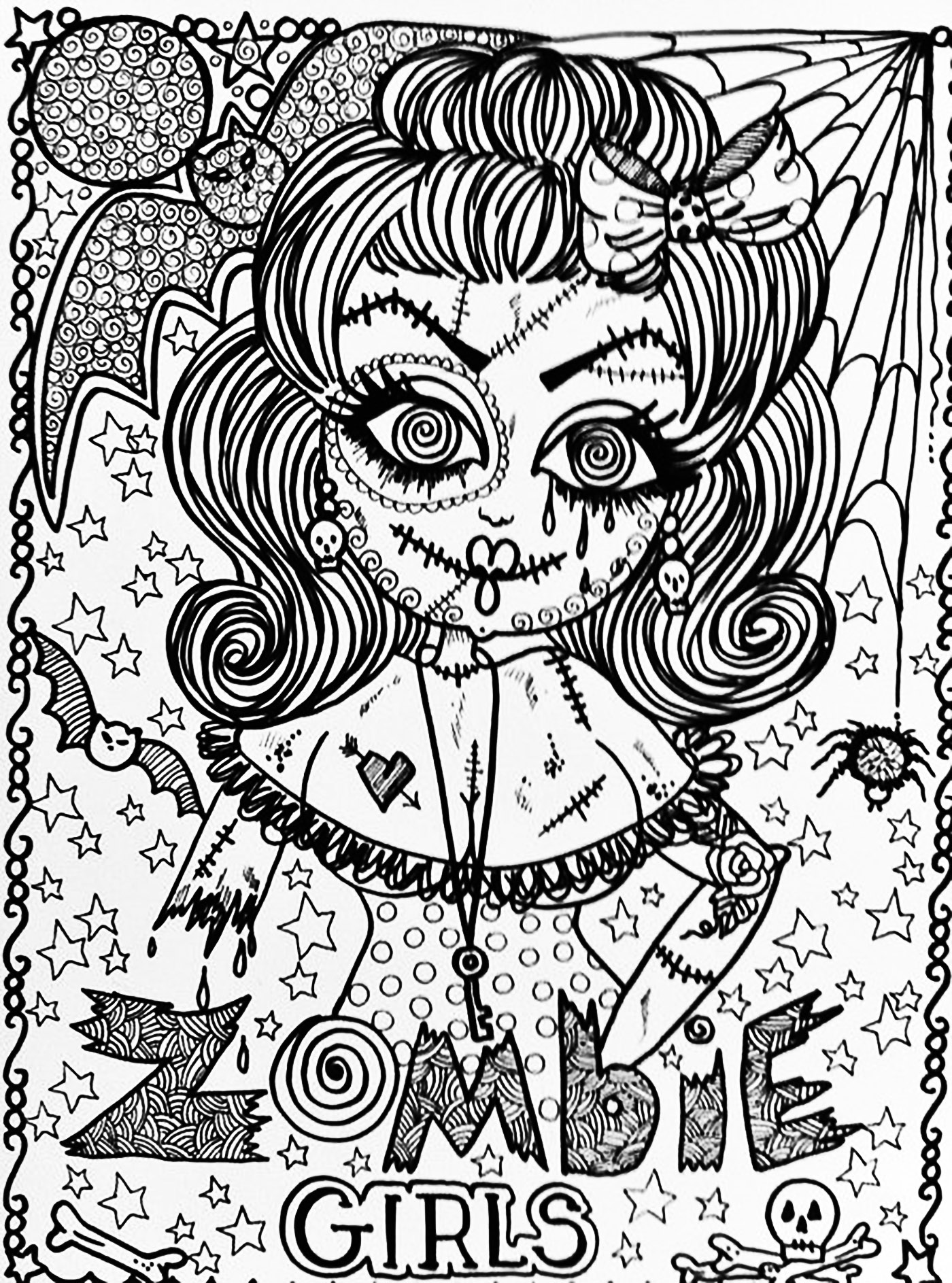 Download Halloween fille zombie - Halloween - Coloriages difficiles pour adultes