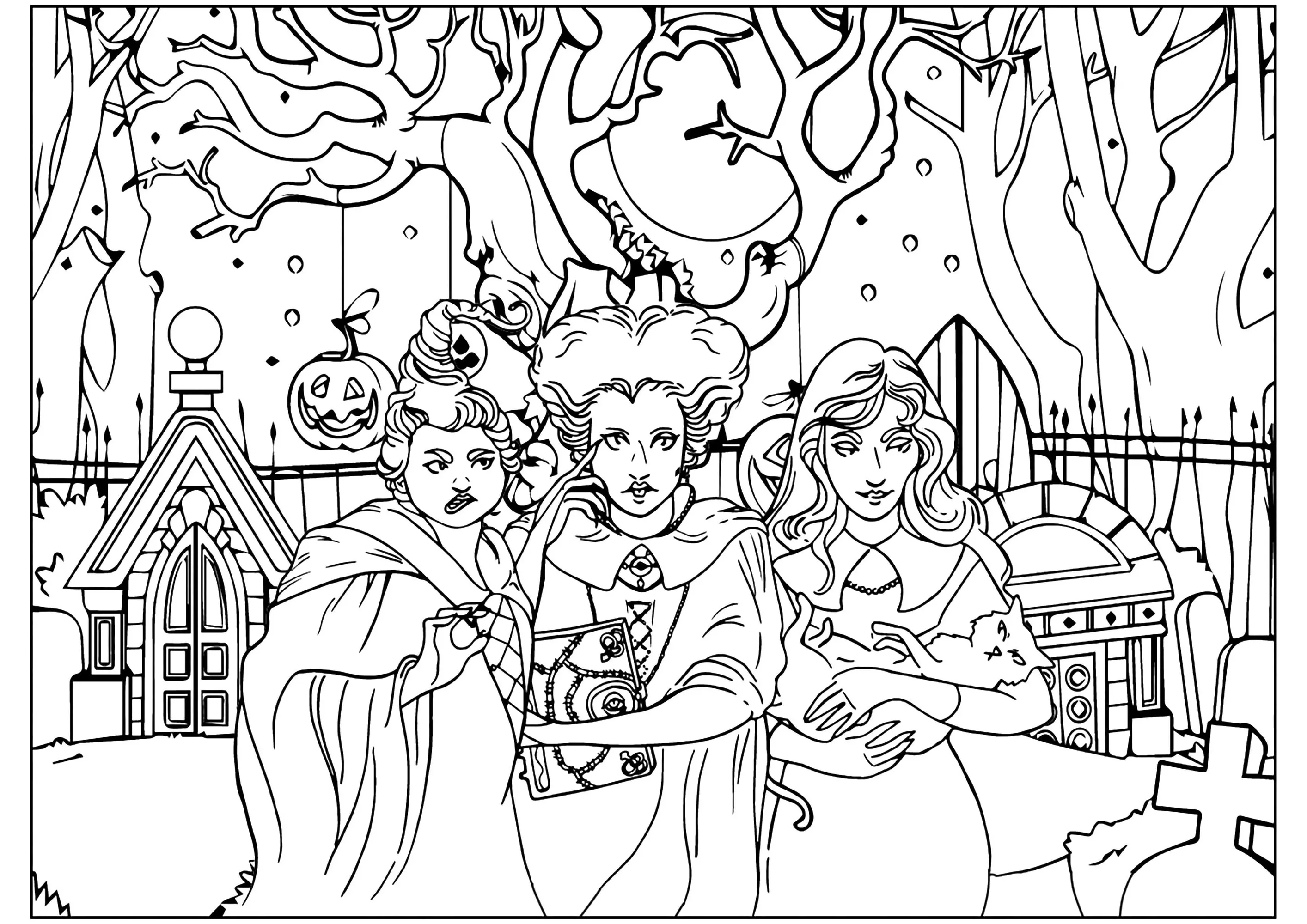 Winnie, Sarah et Mary dans un lieu lugubre (Coloriage d'Halloween à imprimer pour adultes)