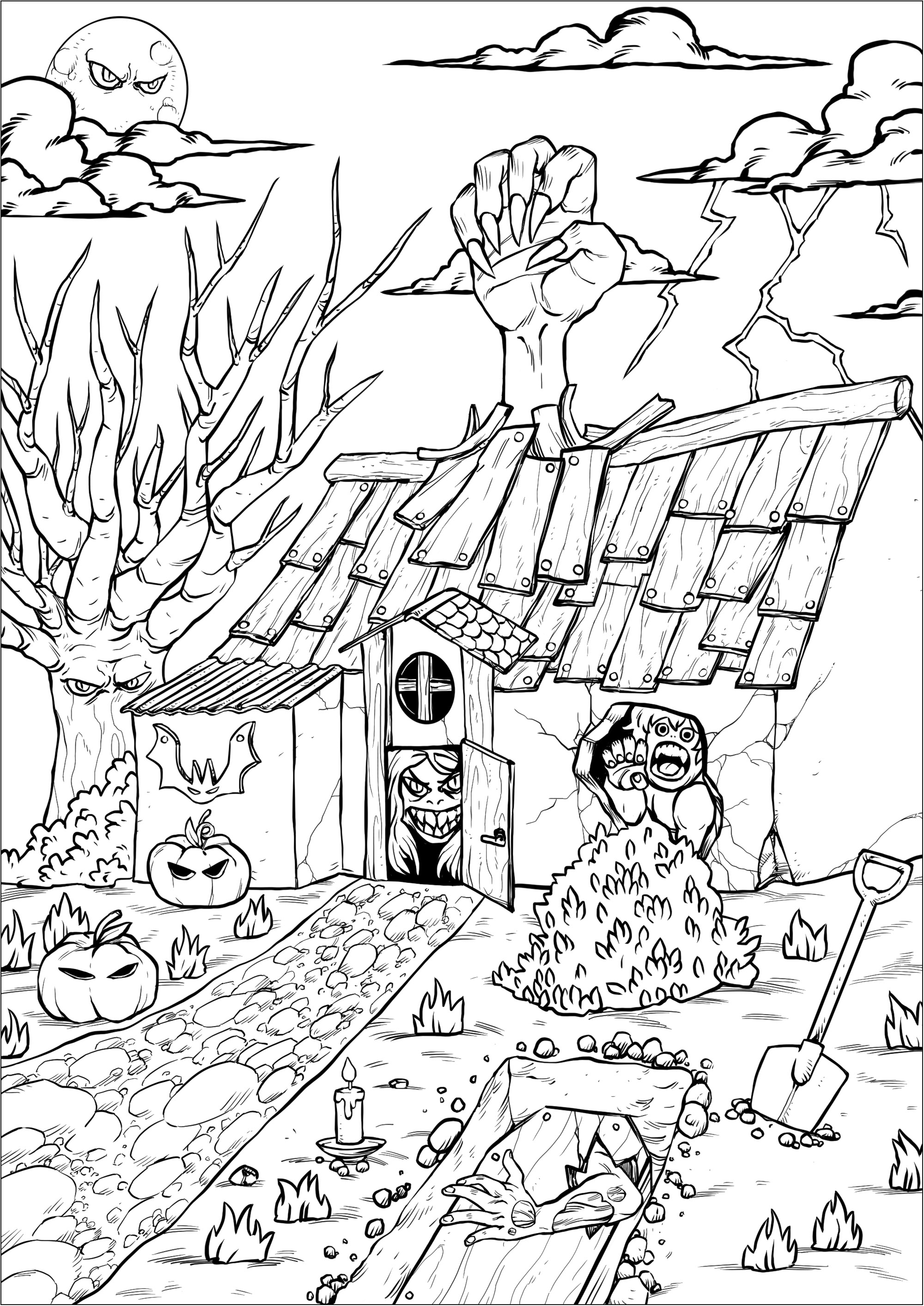 Maison hantée d'Halloween et ses créatures  Halloween  Coloriages