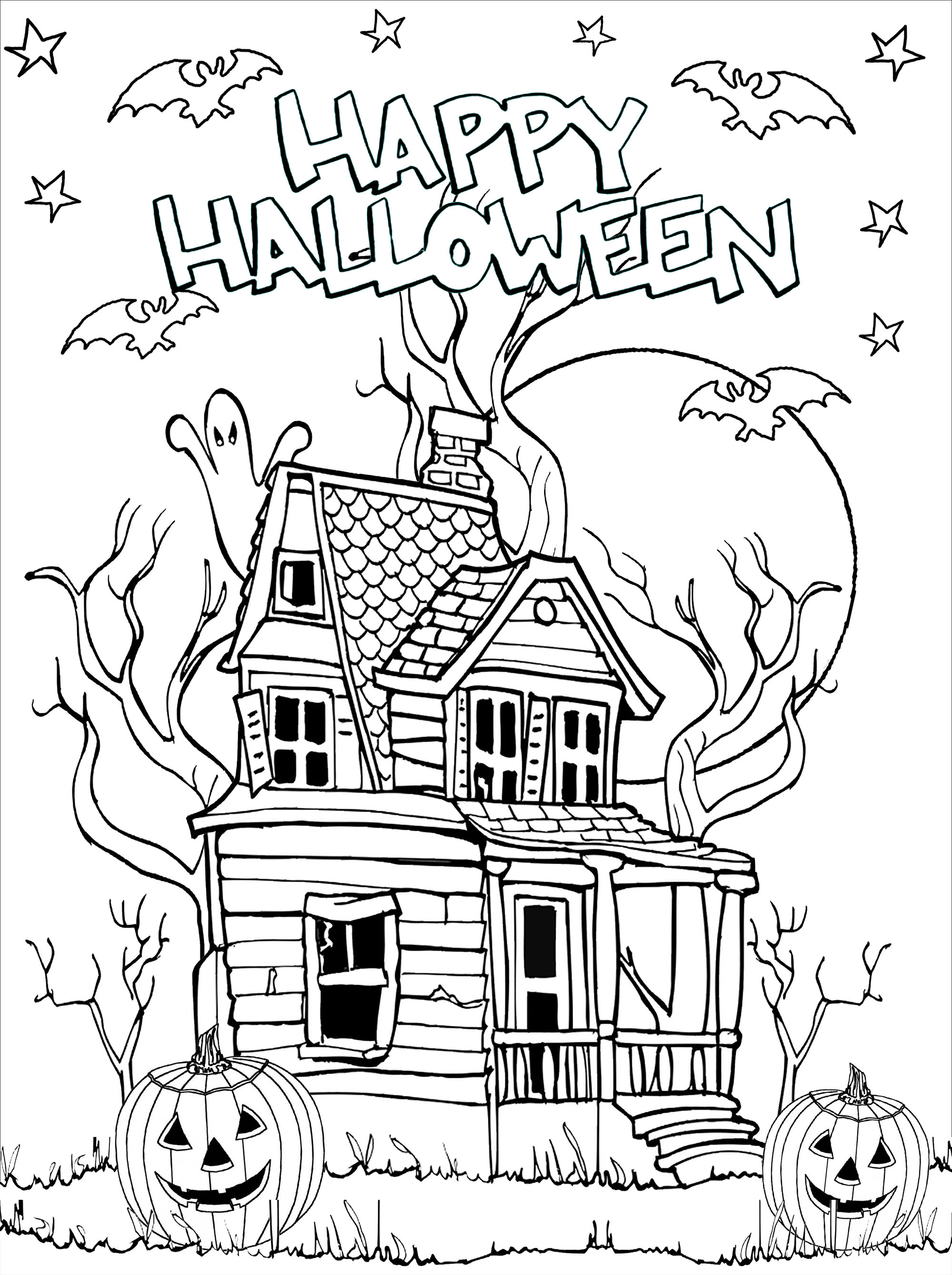 Coloriage de maison hantée avec citrouilles (Jack-o'-lantern), chauves-souris, lune et étoiles. les détails effrayants rendent cette maison hantée très réaliste.Des chauves-souris volent dans le ciel, ajoutant à l'atmosphère mystique de la maison. La lune et les étoiles brillent dans le ciel nocturne, offrant un décor encore plus effrayant, Artiste : Art'Isabelle