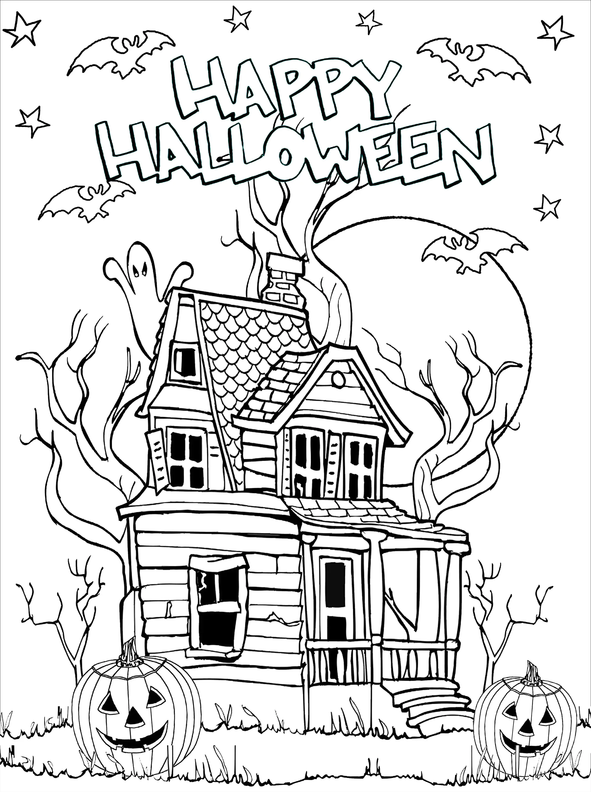 Maison hantée d'Halloween (Coloriage à imprimer pour adultes)