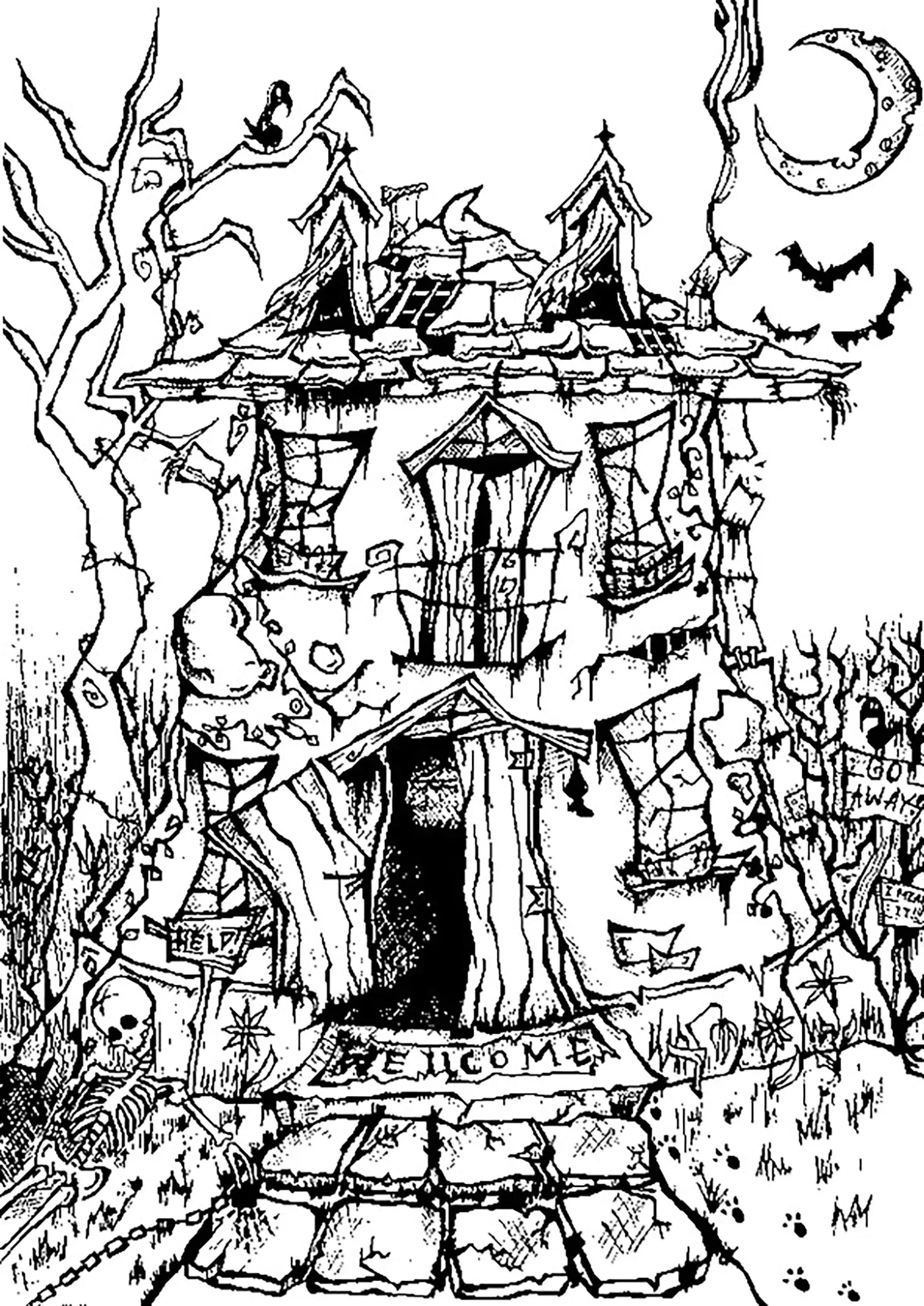 Halloween maison hantee (Coloriage à imprimer pour adultes)