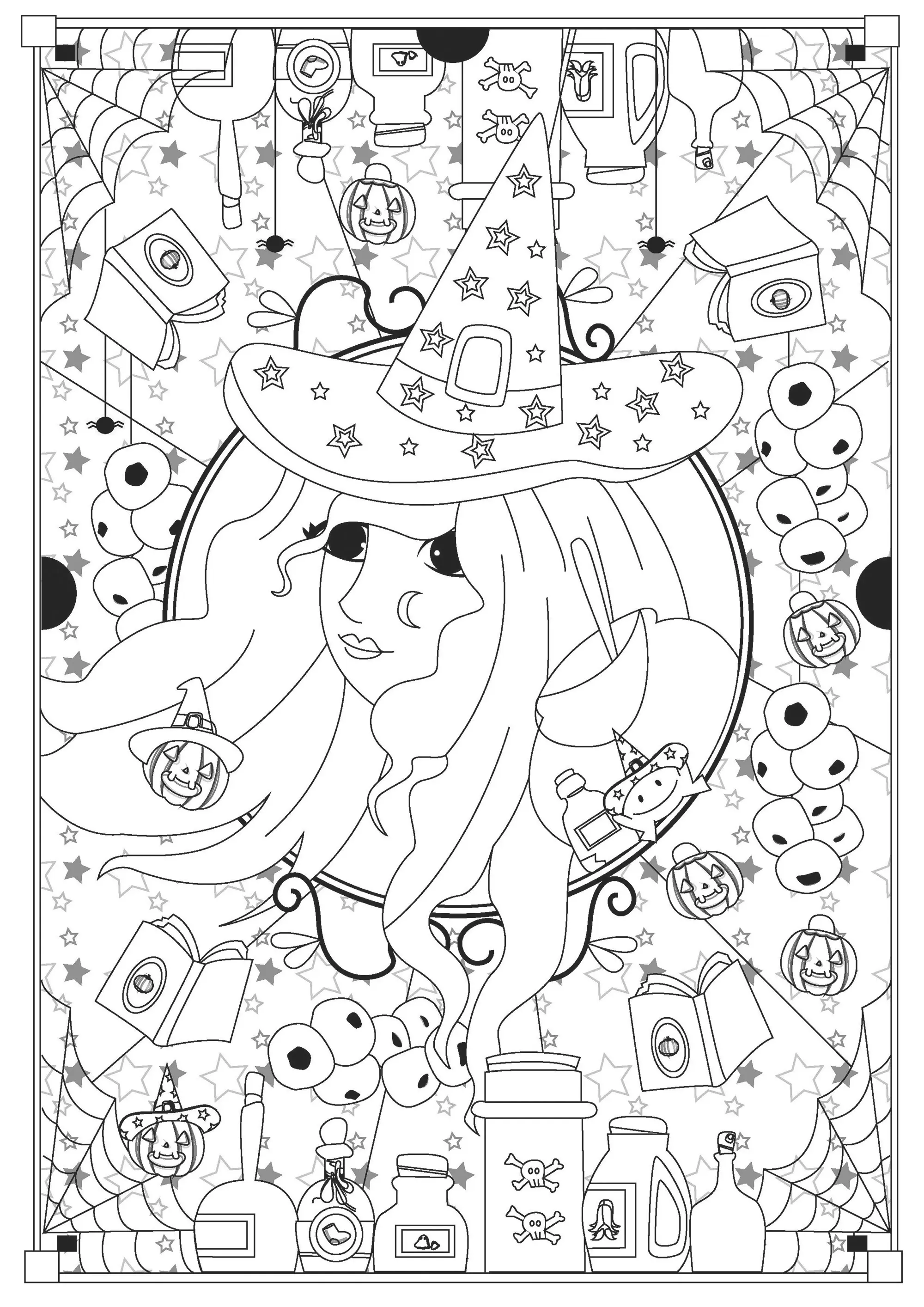 Sorcière et ses nombreuses potions et livres de sortilèges (Coloriage d'Halloween à imprimer pour adultes)