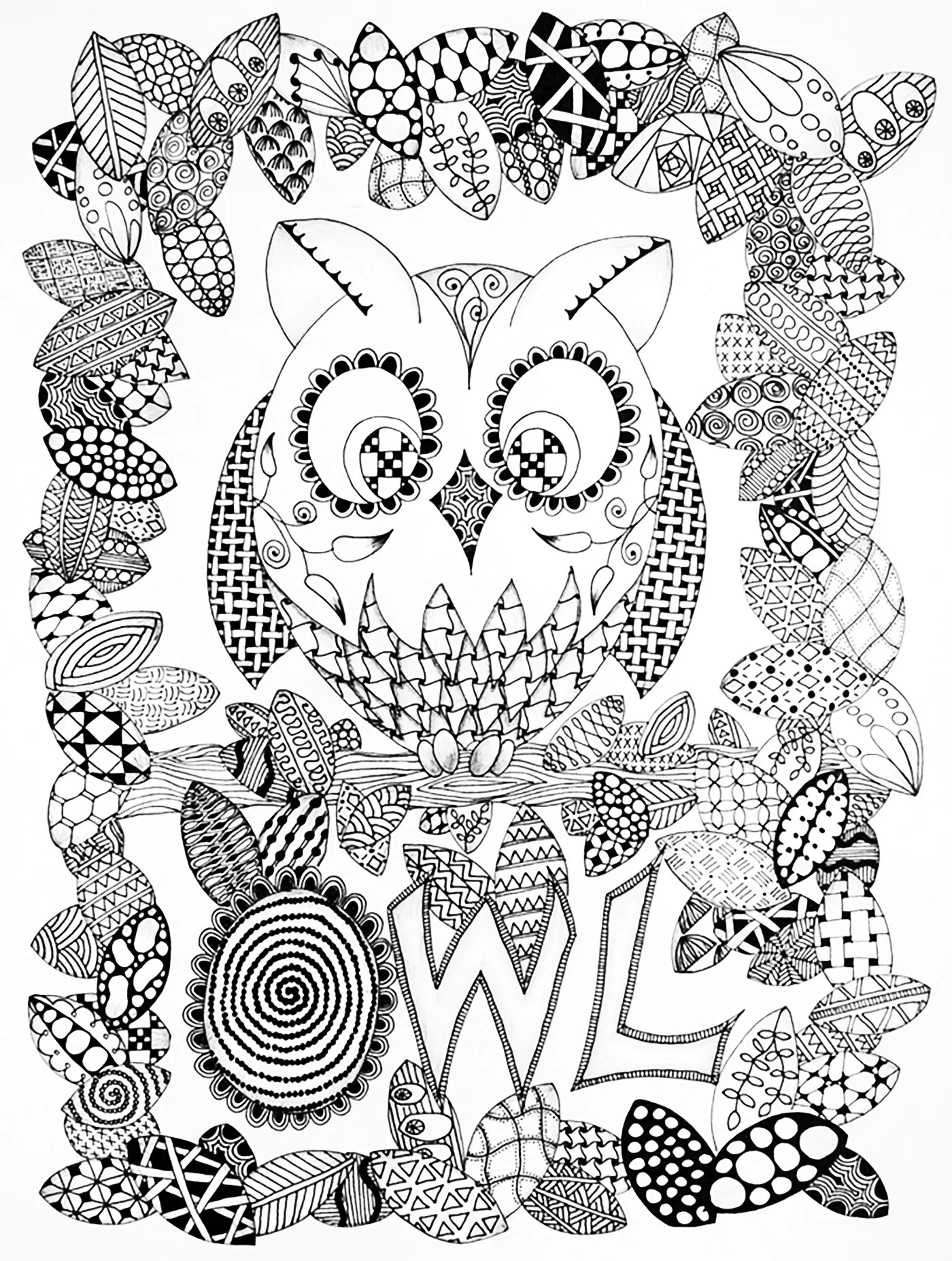 Halloween zentangle hibou (Coloriage à imprimer pour adultes)