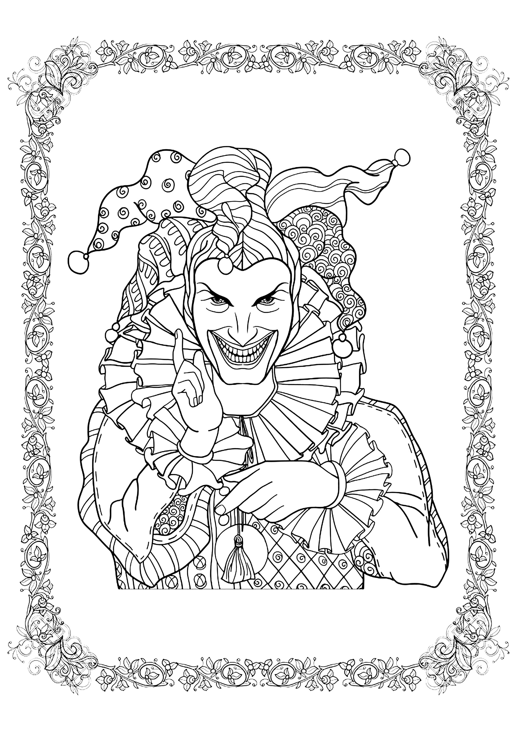 Le Joker prêt à tout pour Halloween. Coloriez également le joli cadre aux motifs complexes, Source : 123rf   Artiste : Helenlane