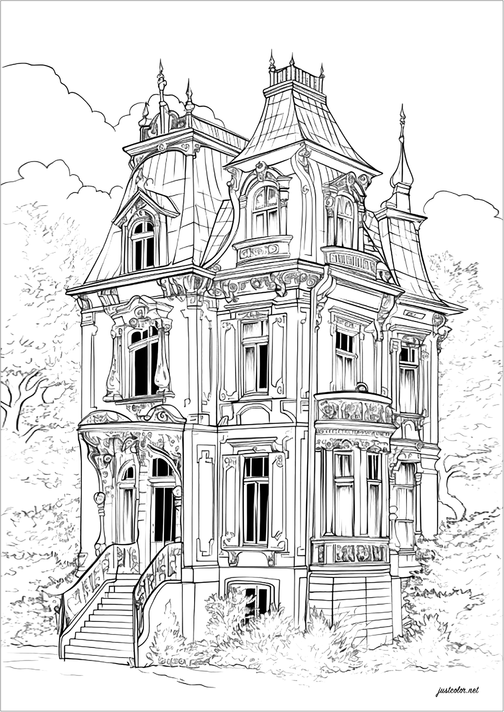 Coloriage d'Halloween : Maison lugubre Coloriage d'Halloween à imprimer pour adultes : Maison lugubre