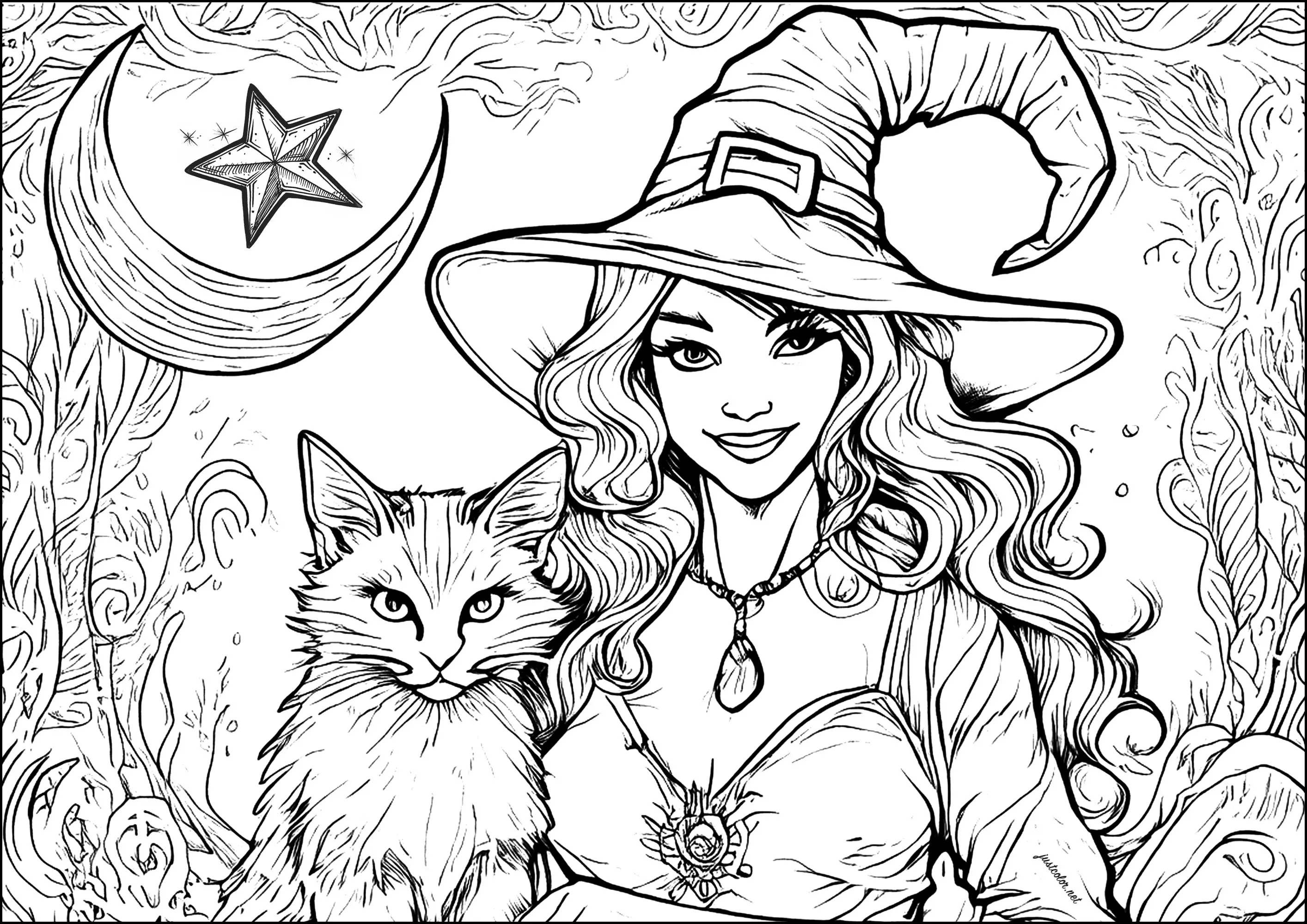 Sorcière avec son chat au clair de lune (Coloriage d'Halloween à imprimer pour adultes)