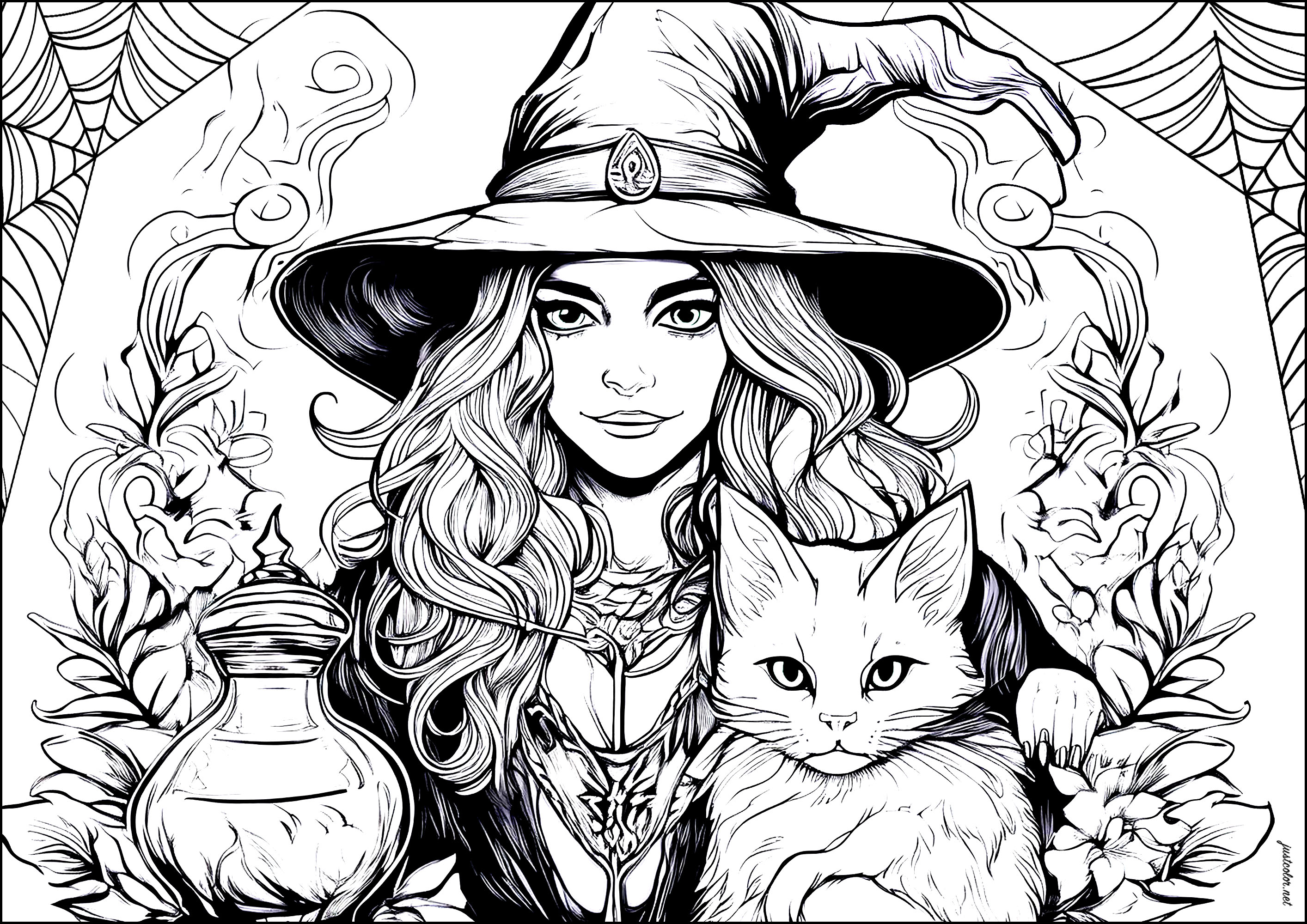 La Sorcière des potions (Coloriage d'Halloween à imprimer pour adultes)
