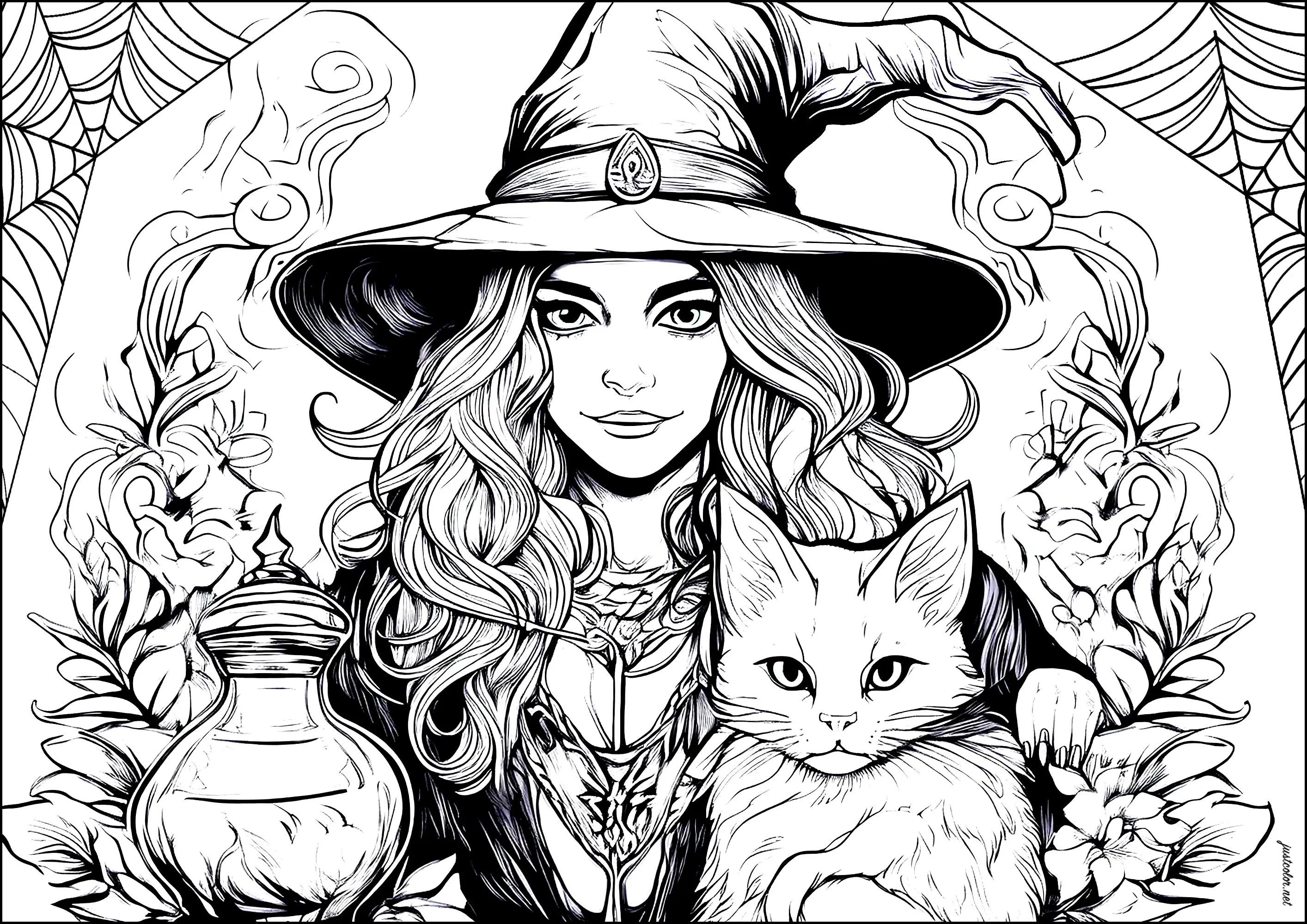 La Sorcière des potions (Coloriage d'Halloween à imprimer pour adultes)