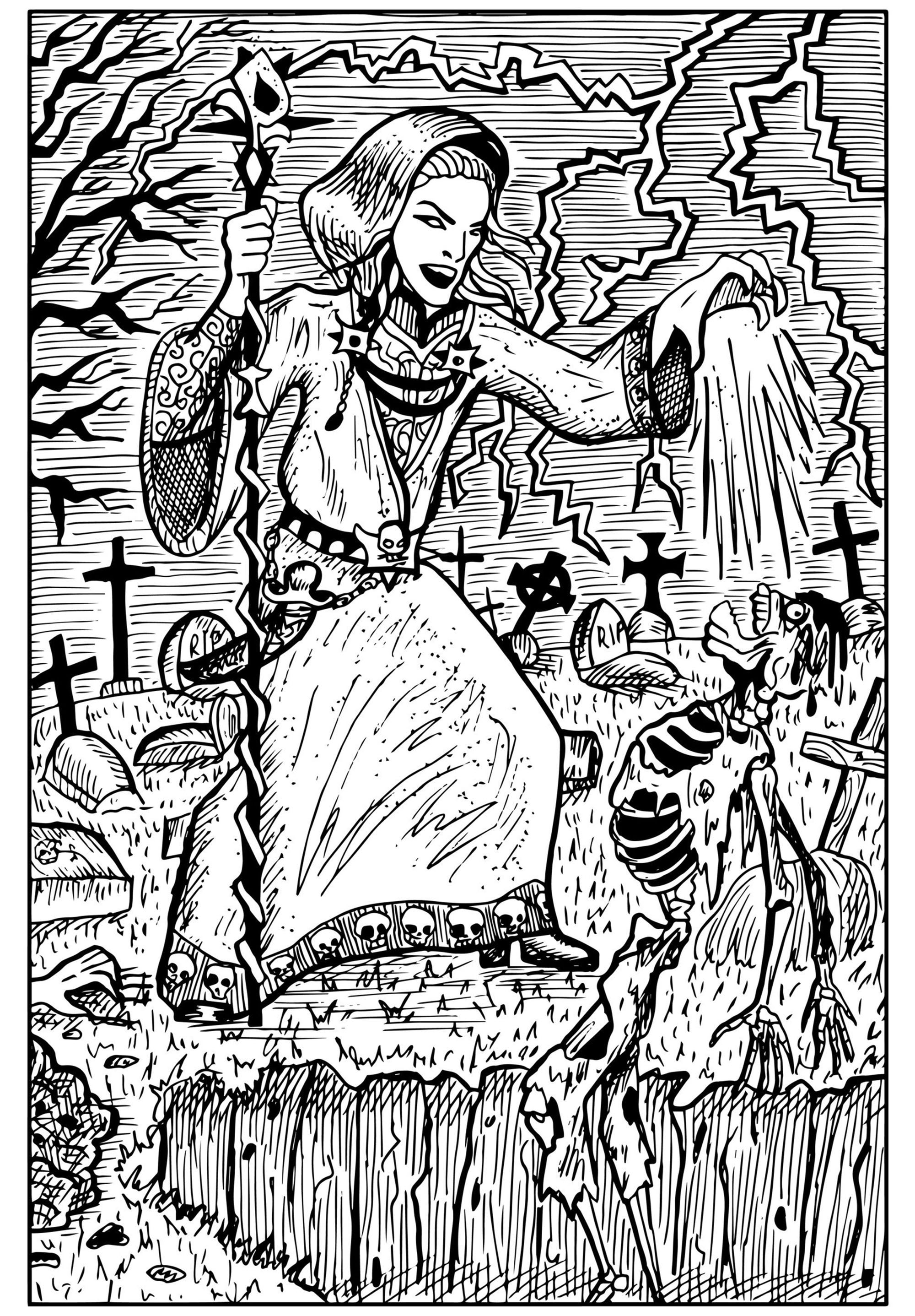 Cette sorcière transforme les squelettes de ce cimetière en morts-vivants grâce à ses sorts maléfiques. Cette sorcière transforme les squelettes de ce cimetière en morts-vivants grâce à ses sorts maléfiques.