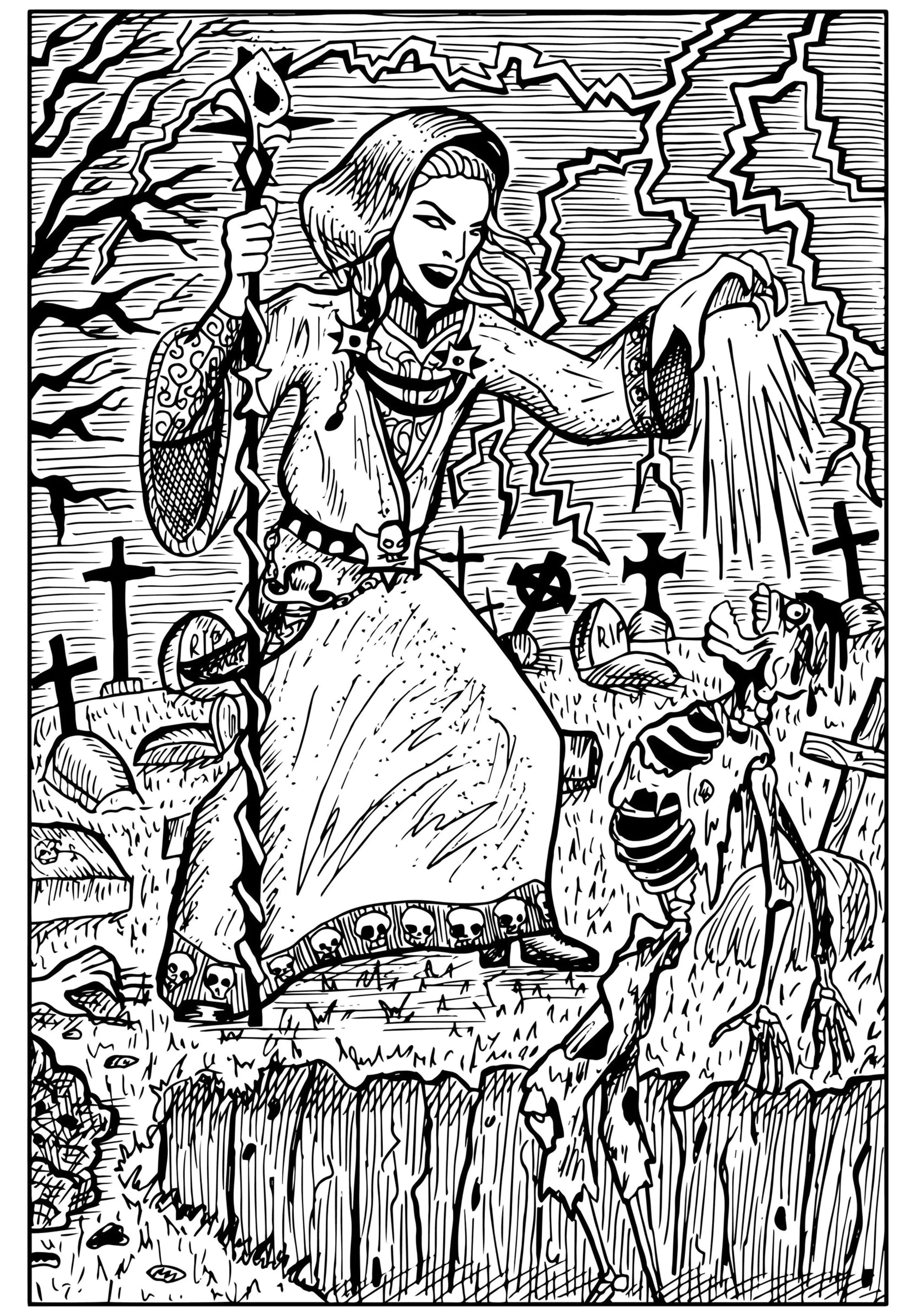 Sorcière dans un cimetière (Coloriage d'Halloween à imprimer pour adultes)