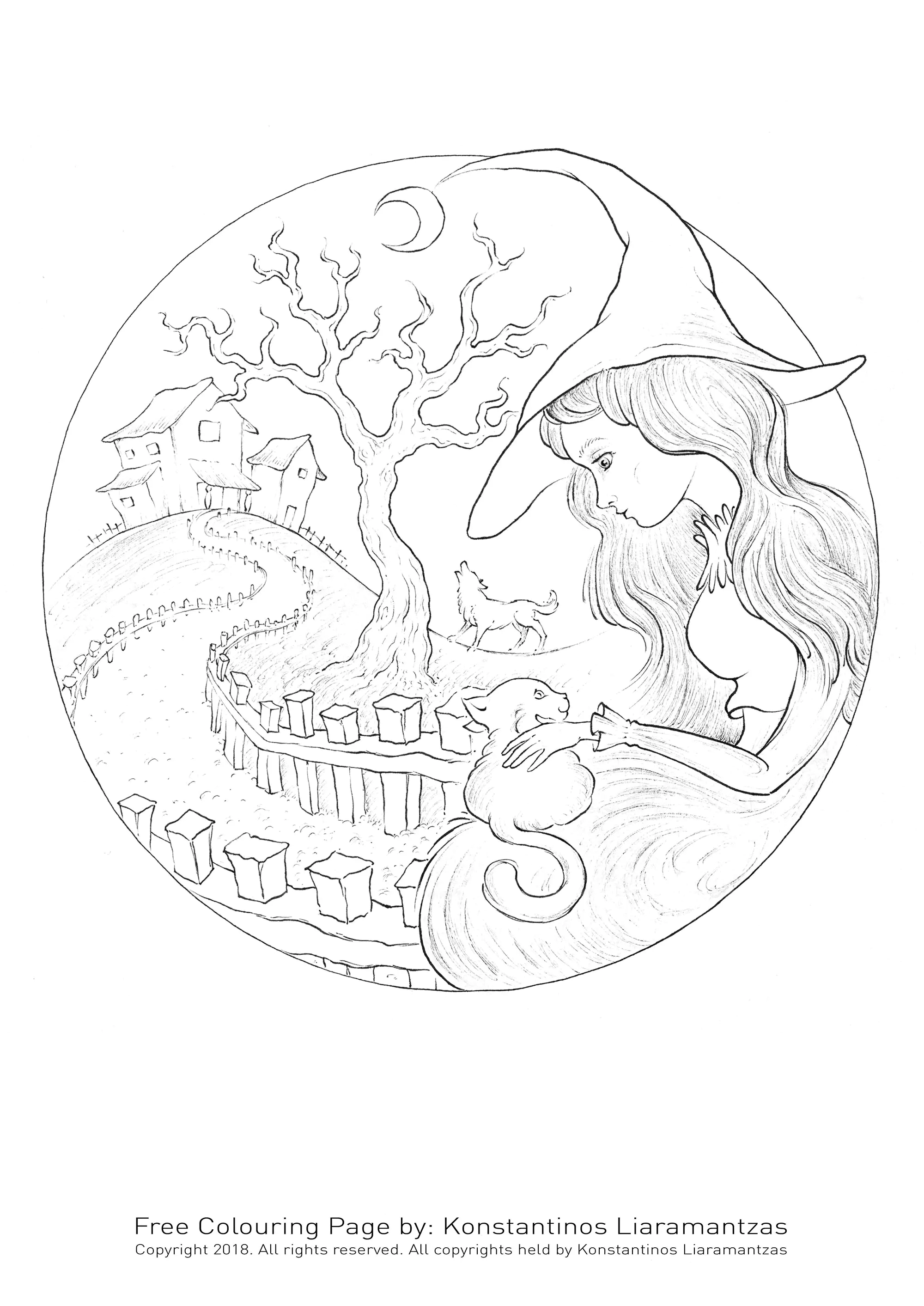 Sorcière et chat (Coloriage de Konstantinos Liaramantzas à imprimer pour adultes)
