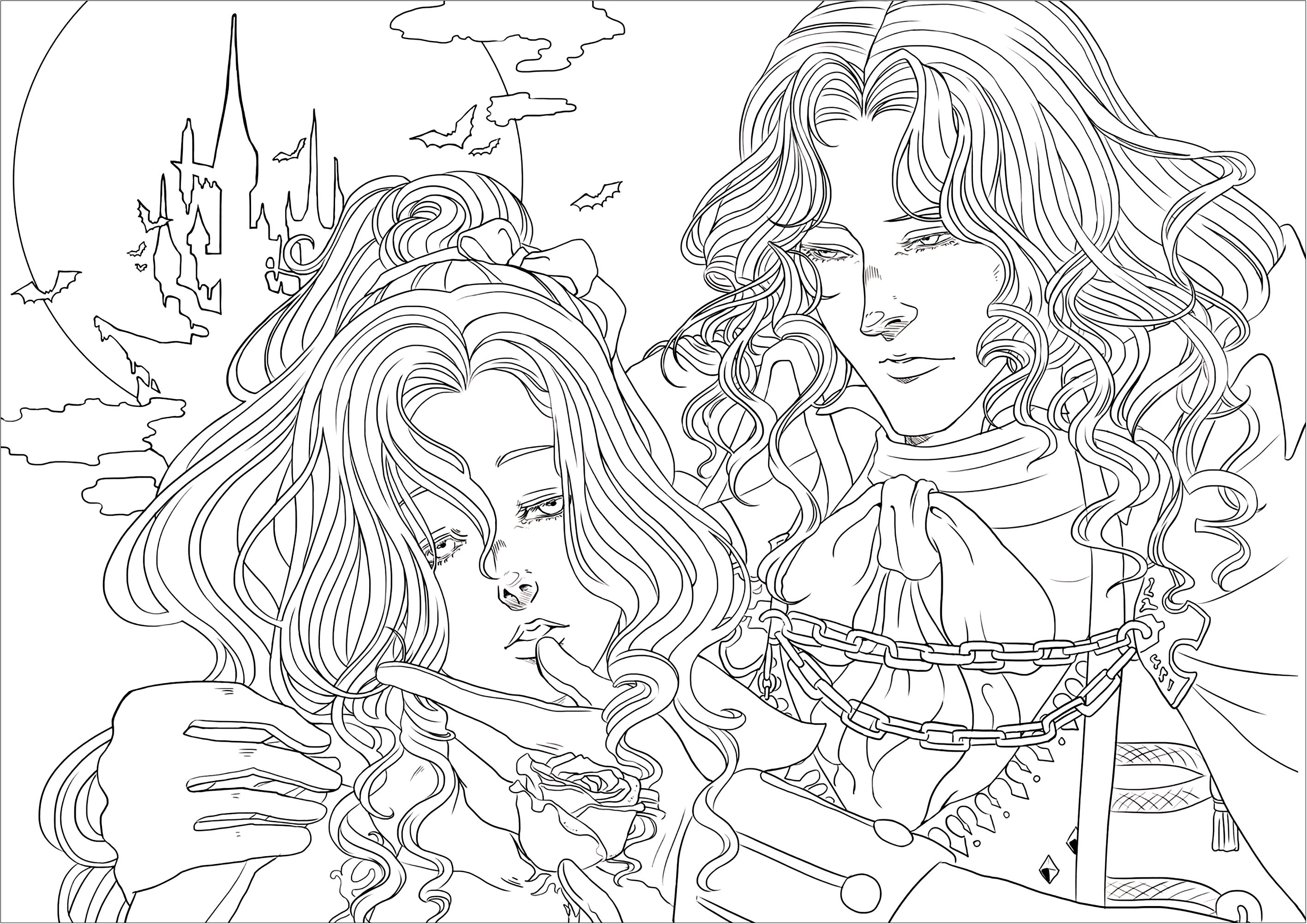 Coloriage représentant les personnages du jeu vidéo 'Castlevania : Symphony of the Night', dans une ambiance vampirique. Version facile, Artiste : Lestat Hallward Holmes