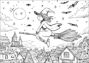 Sorcière survolant un village nocturne (Coloriage d'Halloween)