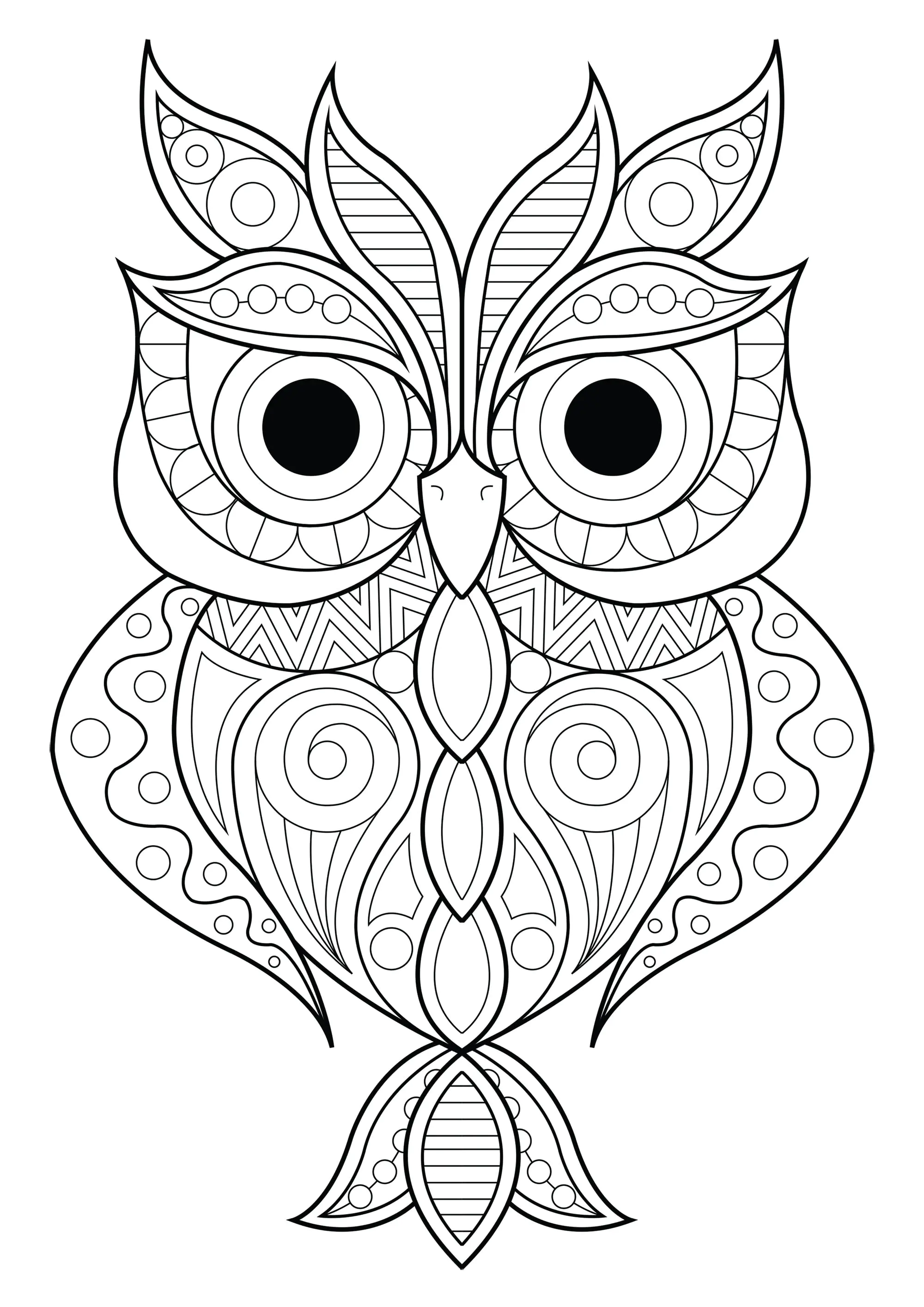 Hibou aux motifs simples - 2 (Coloriage d'Hiboux à imprimer pour adultes)