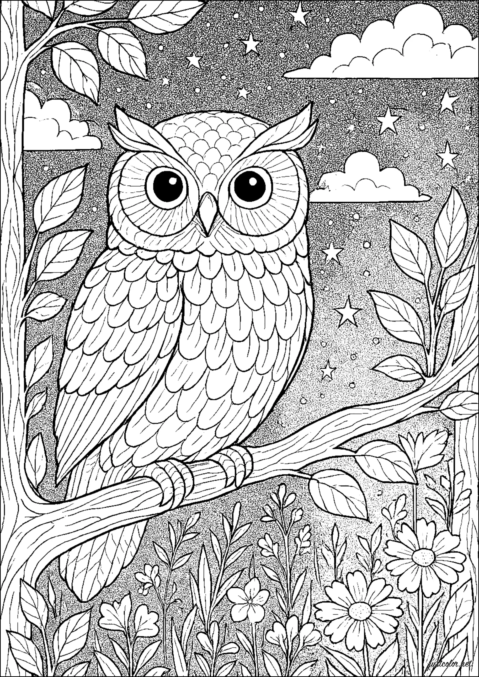 Hibou vigilant sous ciel étoilé (Coloriage d'Hiboux à imprimer pour adultes)