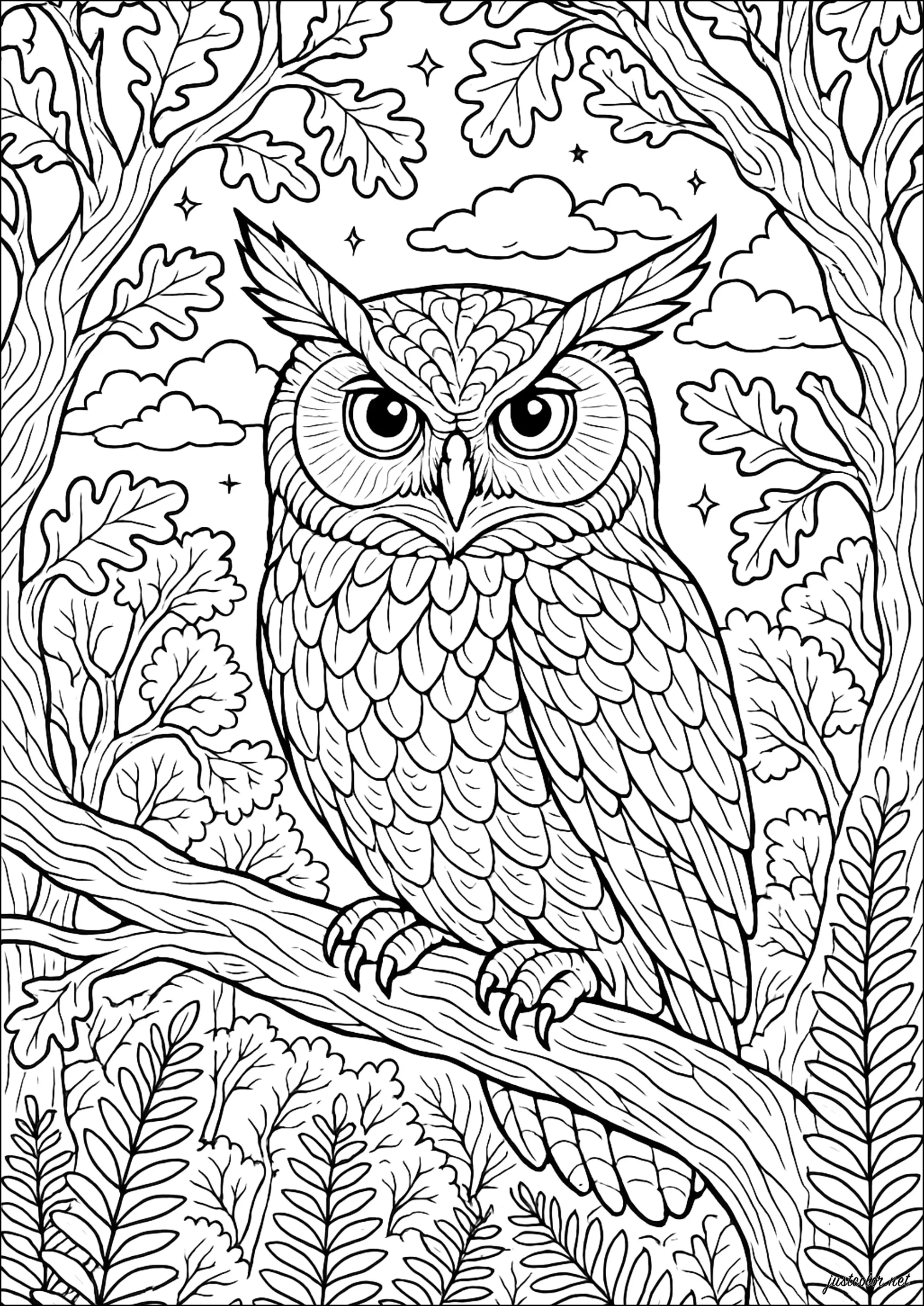 Le Gardien Nocturne (Coloriage d'Hiboux à imprimer pour adultes)