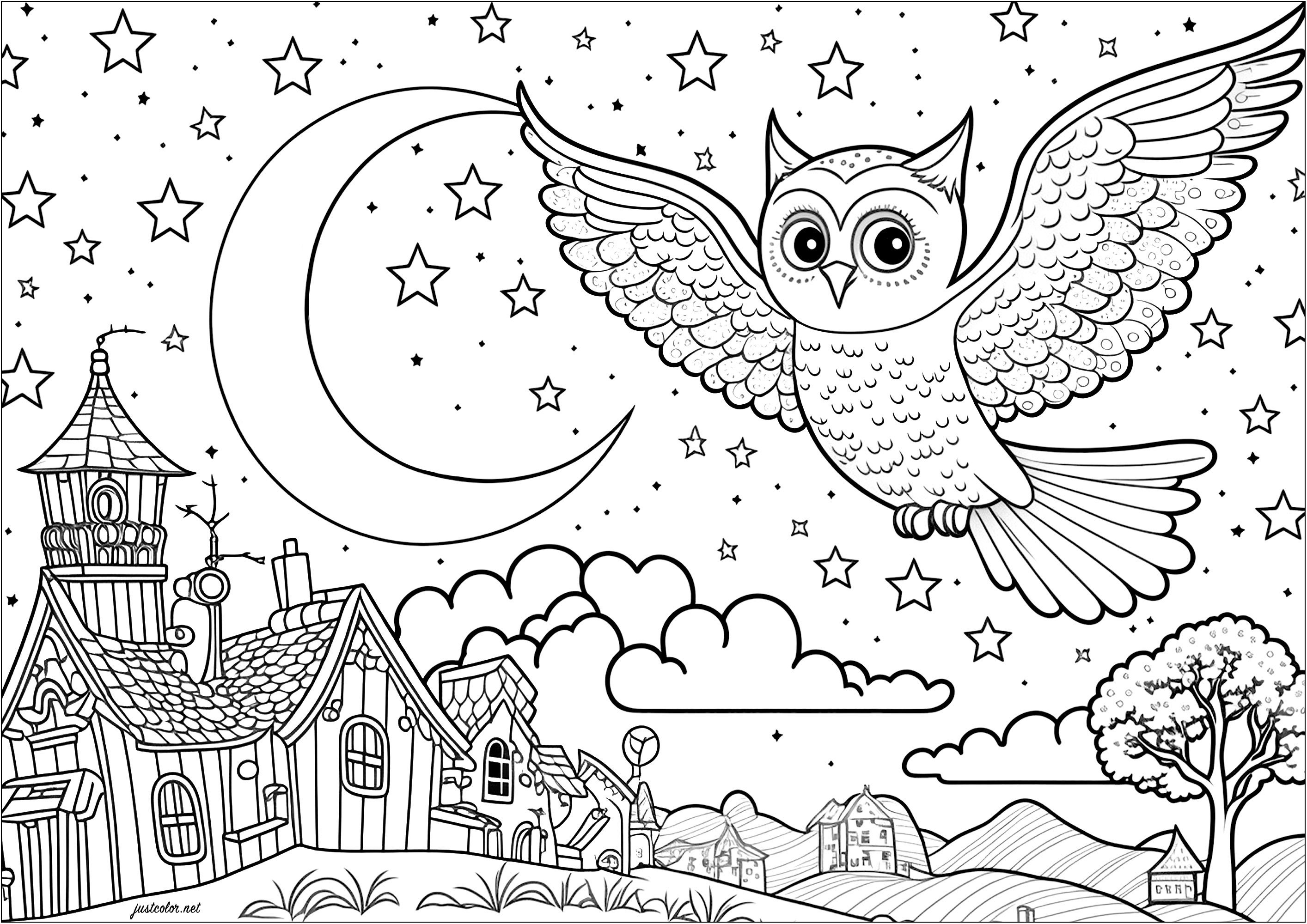 Coloriage d'un hibou volant au dessus d'un village. Ce joli hibou vole en observant le petit village qui se trouve à proximité.Des étoiles nombreuses tout autour de la lune donnent à l'image une atmosphère magique.