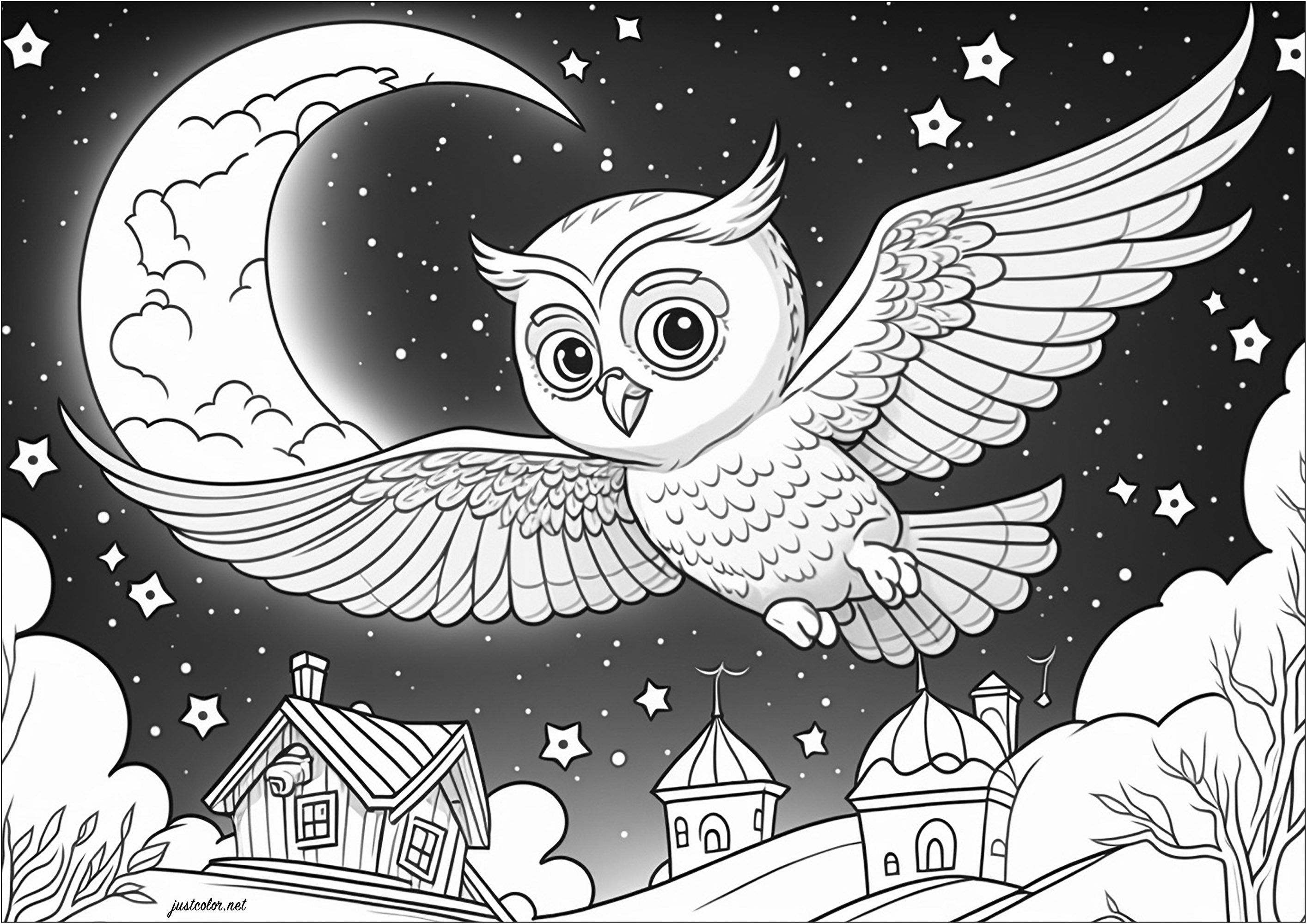 Coloriage Hibou et Joli village. Ce coloriage représente un hibou solitaire survolant un joli village, sous un ciel étoilé et une grande lune.