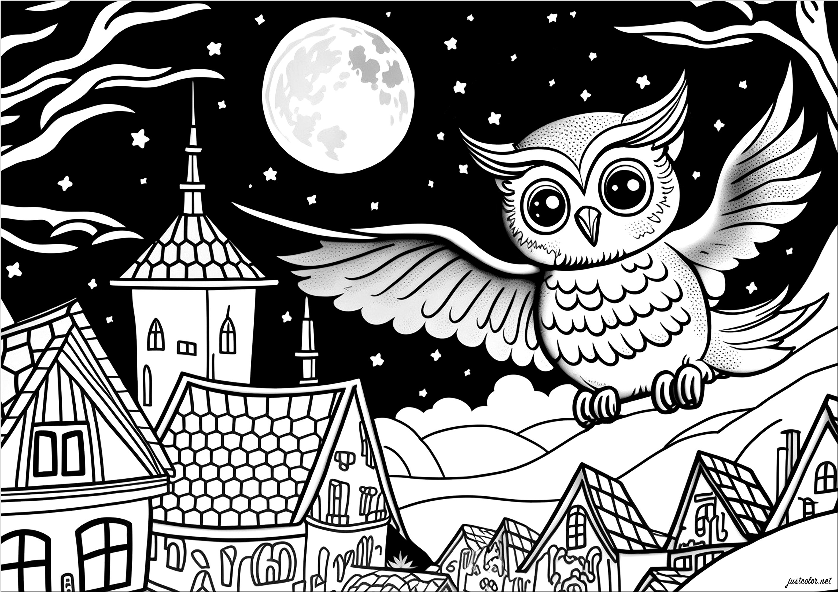 Coloriage d'un hibou au dessus d'un joli village. Un belle ambiance calme et nocturne. Des détails très fins, il ne manque que des couleurs douces pour compléter ce magnifique dessin.