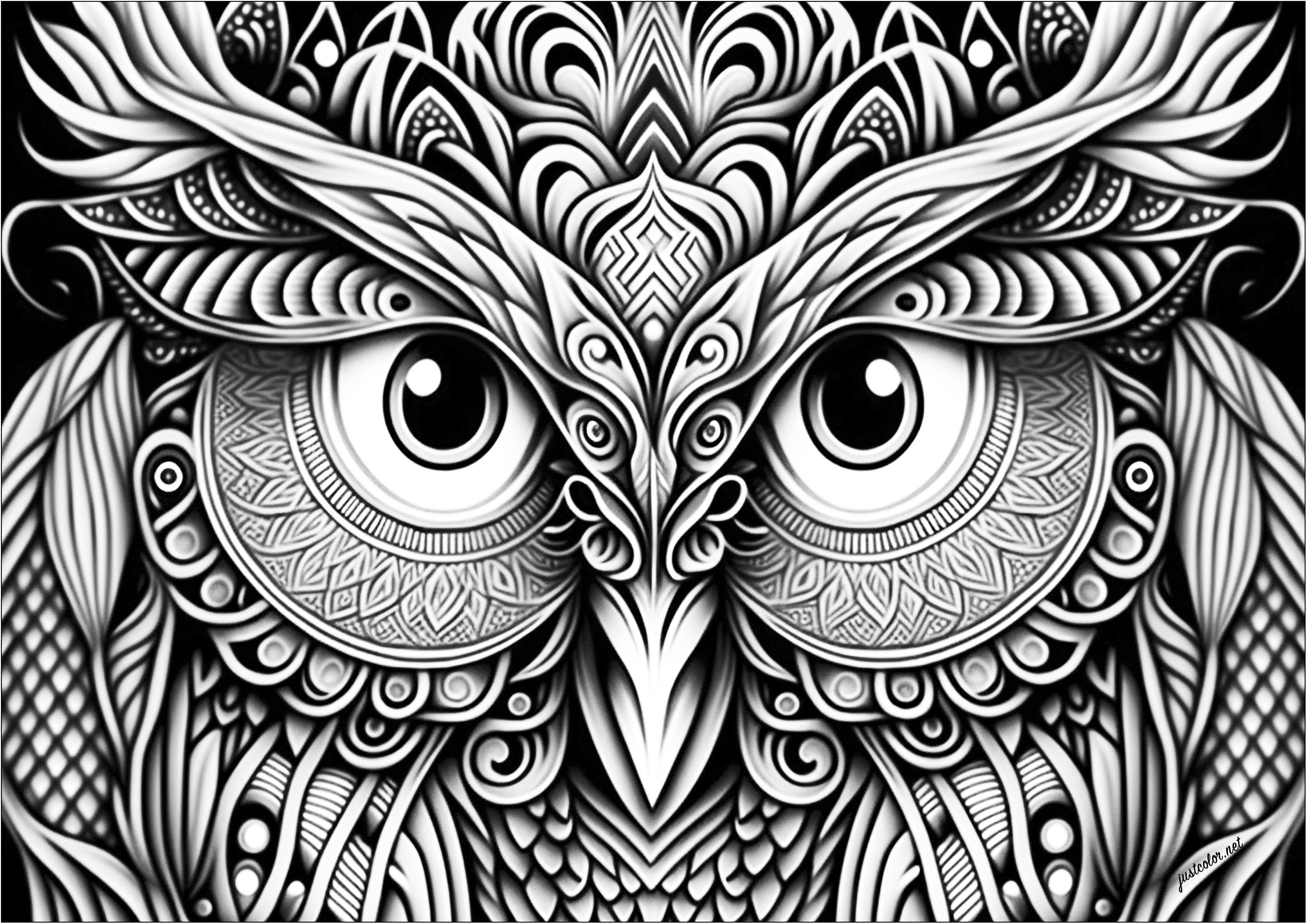 Tête de hibou avec nombreux détails à colorier. Ce coloriage est parfait pour les amoureux des animaux nocturnes ! La tête de hibou est très réaliste et les détails à colorier sont nombreux.Les yeux perçants du hibou sont très expressifs et donnent une touche de mystère à l'illustration.