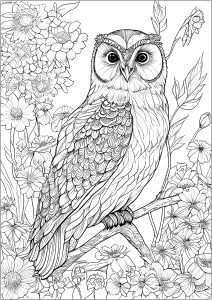 Hibou très réaliste et jolies fleurs (Coloriage d'Hiboux)