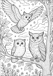Famille de hiboux sous les étoiles (Coloriage)