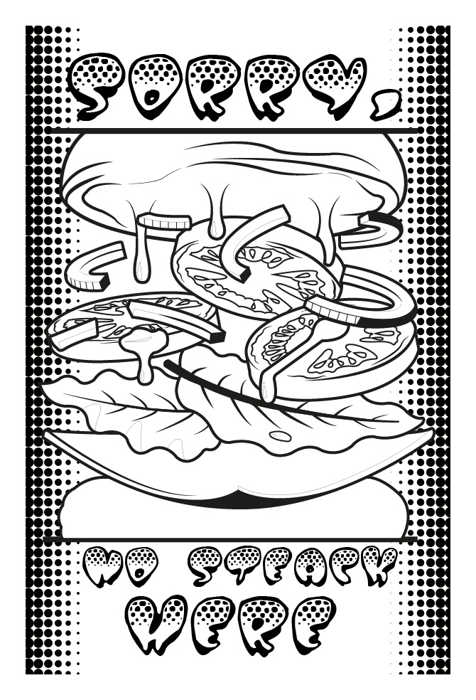 Coloriage d'un hamburger ... Sans viande !. Coloriez ce hamburger et ses nombreux ingrédients, Artiste : Allan