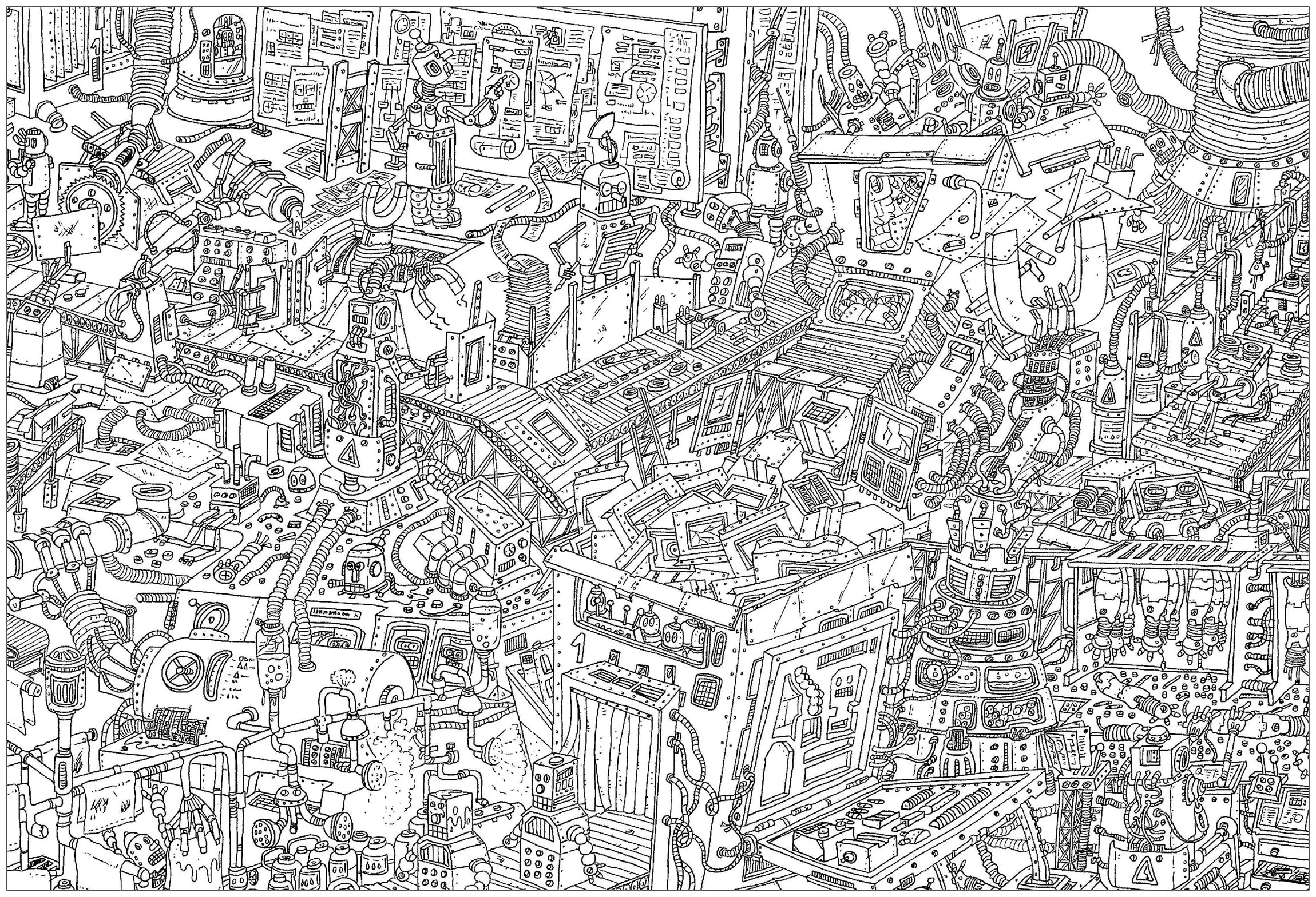 La fabrique de robots (Coloriage de Frédéric Brogard à imprimer pour adultes)