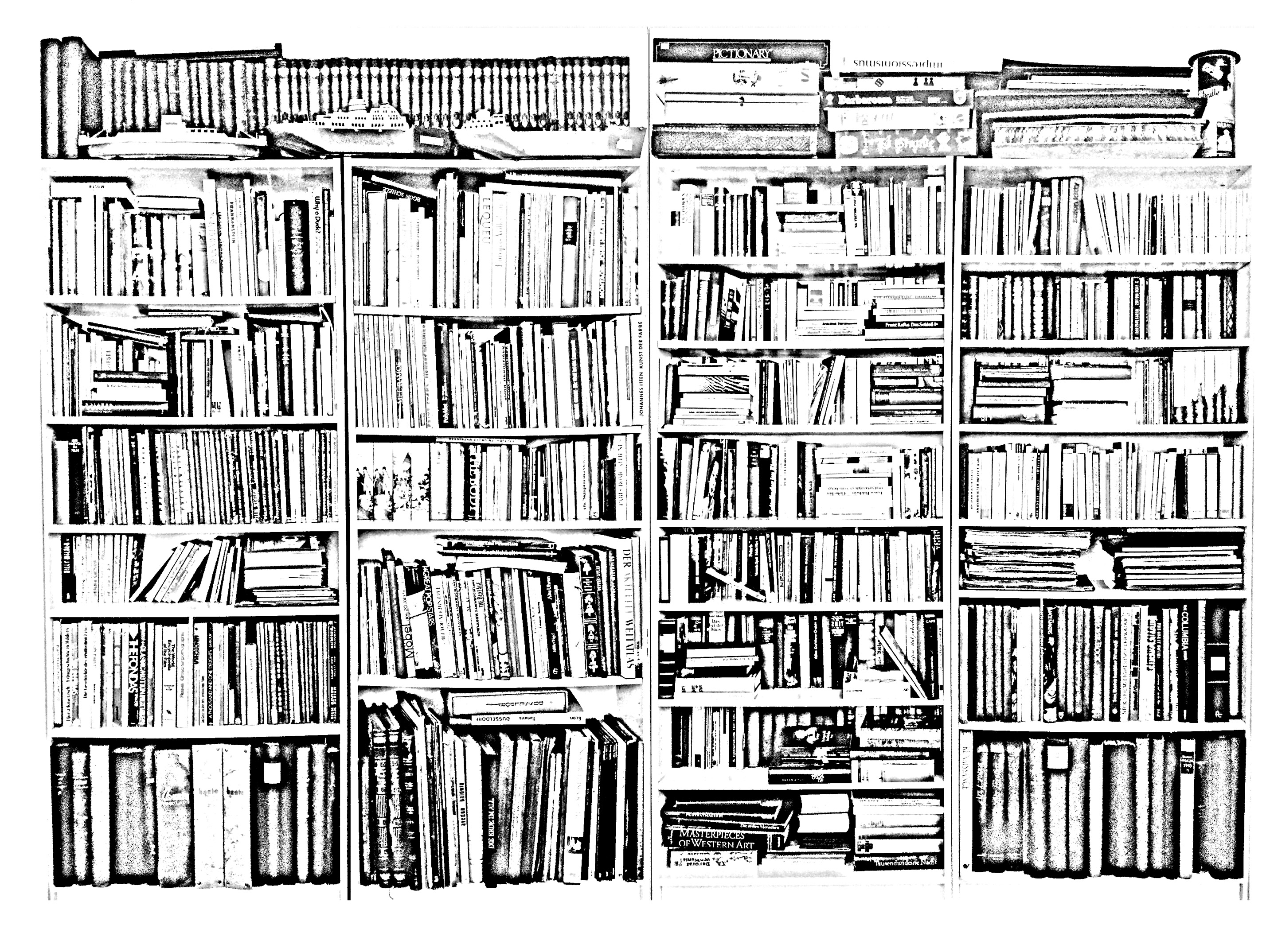 Coloriage d'une bibliothèque créé à partir d'une photo de Hans-Peter Feldmann : 'Bookshelves' (1941)