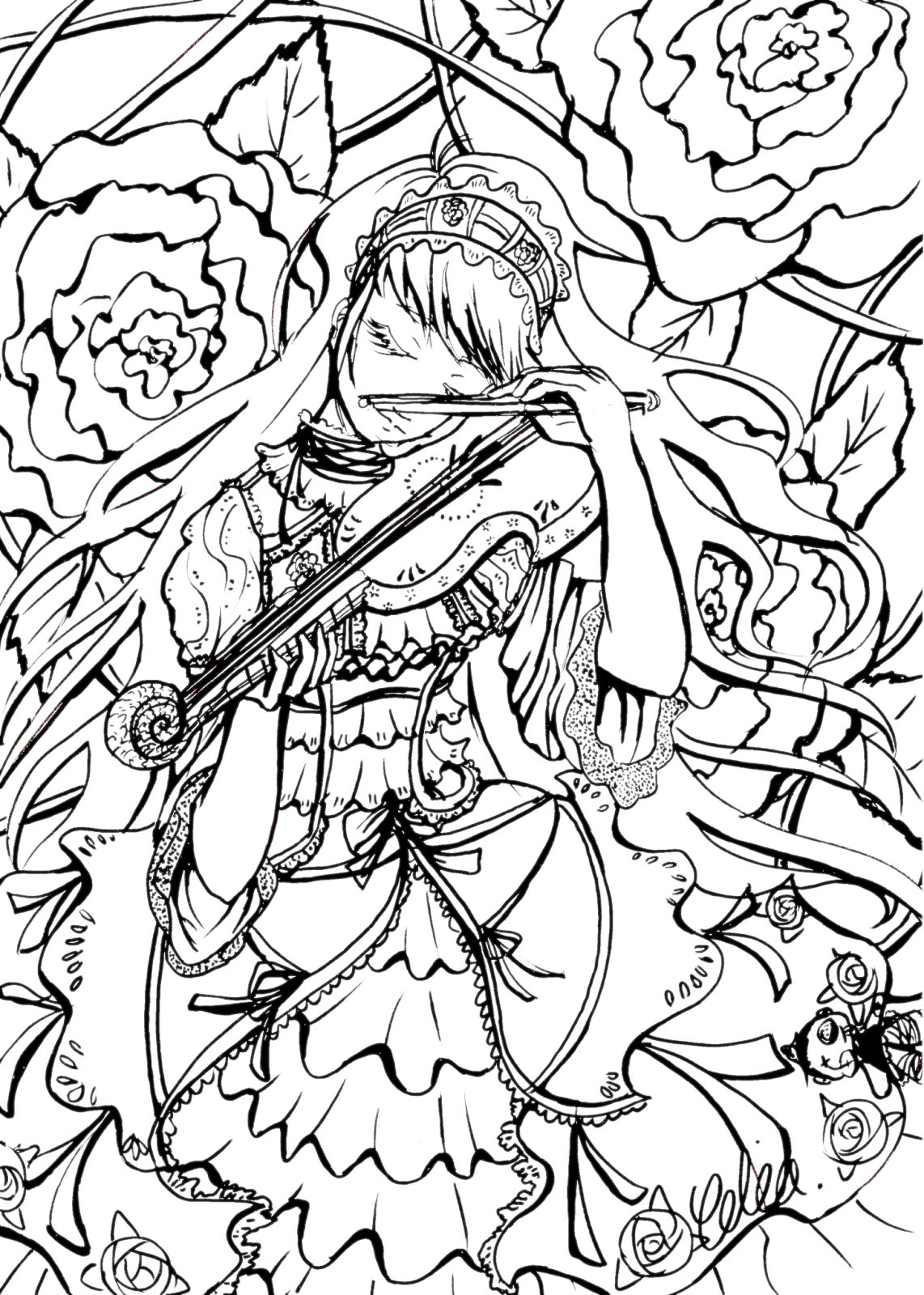 Joueuse de violon mélancolique pour un beau coloriage adulte Source Celunia