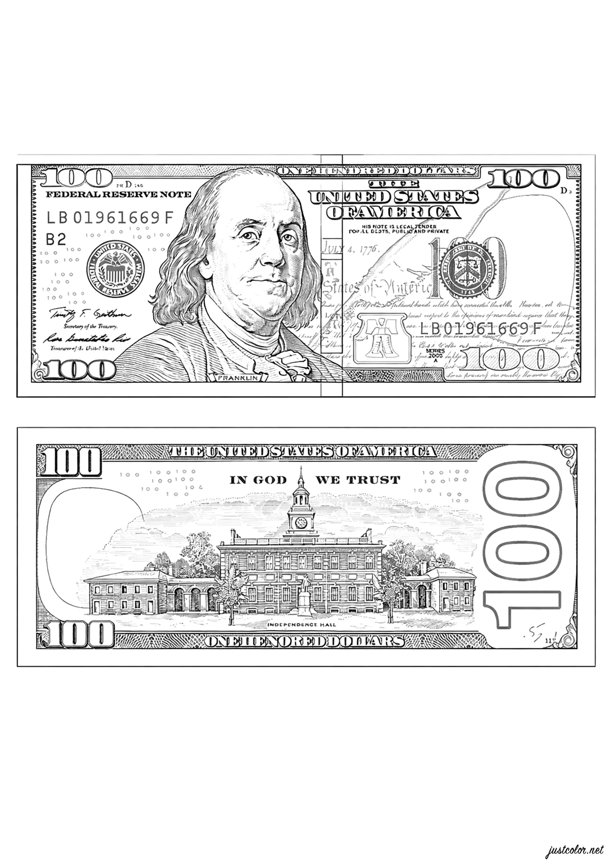 Billet de 100 Dollars Américains (Coloriage de Frédéric Brogard à imprimer pour adultes)