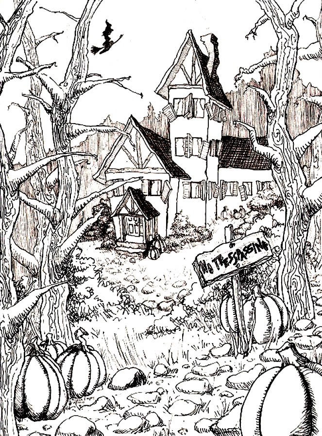 Sur le thème d'Halloween, voici un dessin très riche d'une maison hantée, au fond d'un jardin plein de citrouilles