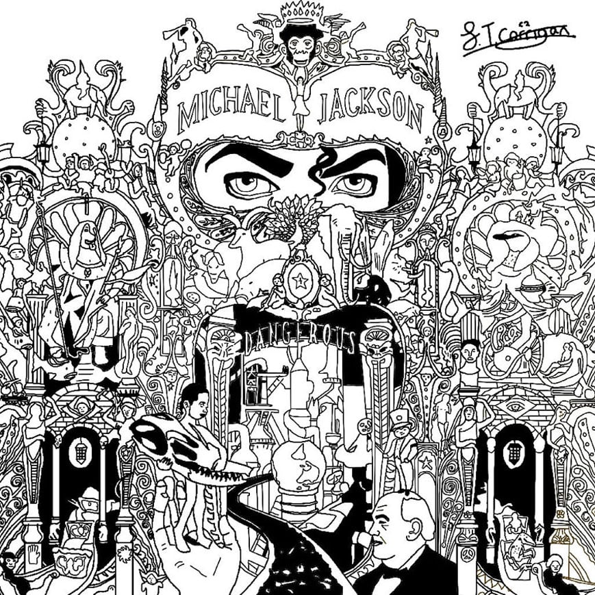 La magnifique pochette de Dangerous de Michael Jackson, et ses multiples personnages, détails et symboles étranges. A colorier en écoutant le Roi de la Pop bien sûr !